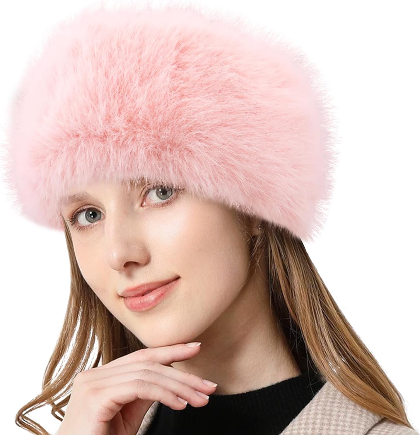 Peicees Faux Fur Headband, Womens Thermal Elastic Hairband Ear Warmer Furry Fleece Russian Hat for Winter Costume Party