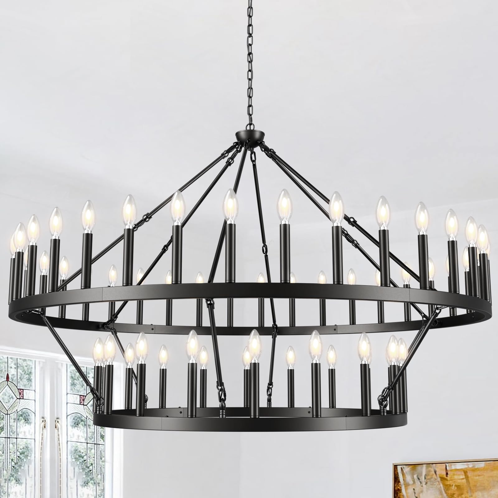 Black Chandelier, Wagon Wheel Farmhouse Chandelier 54-Lights 60 Inch, Extra Large Industrial Light Fixture for Living Room,Foyer?Entryway, Dining Room