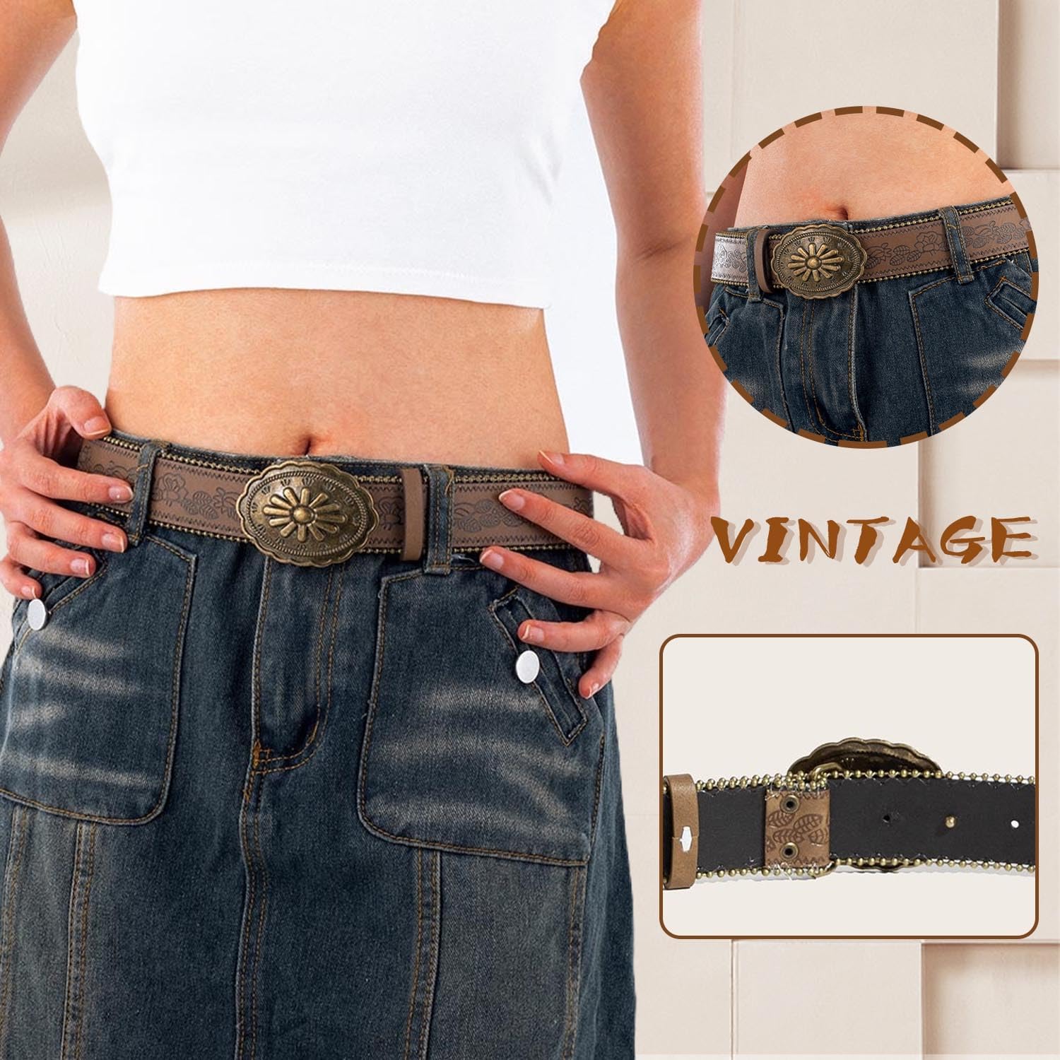 Cowboy Belts for Women Cowgirl Belt Brown Western Belt - Image 3