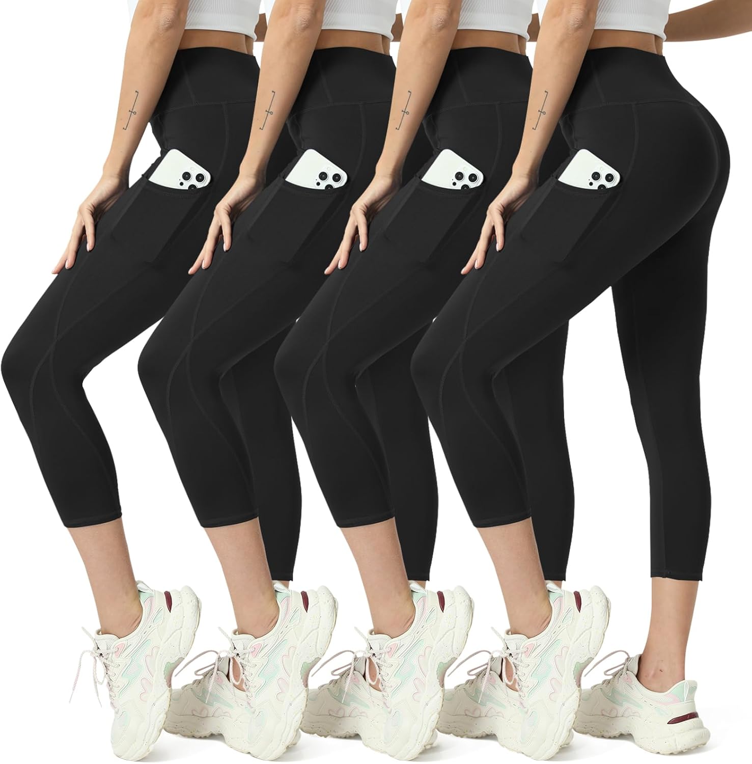 High Waisted Yoga Leggings for Women 4 Pack - Tummy Control Workout Capris with Pockets