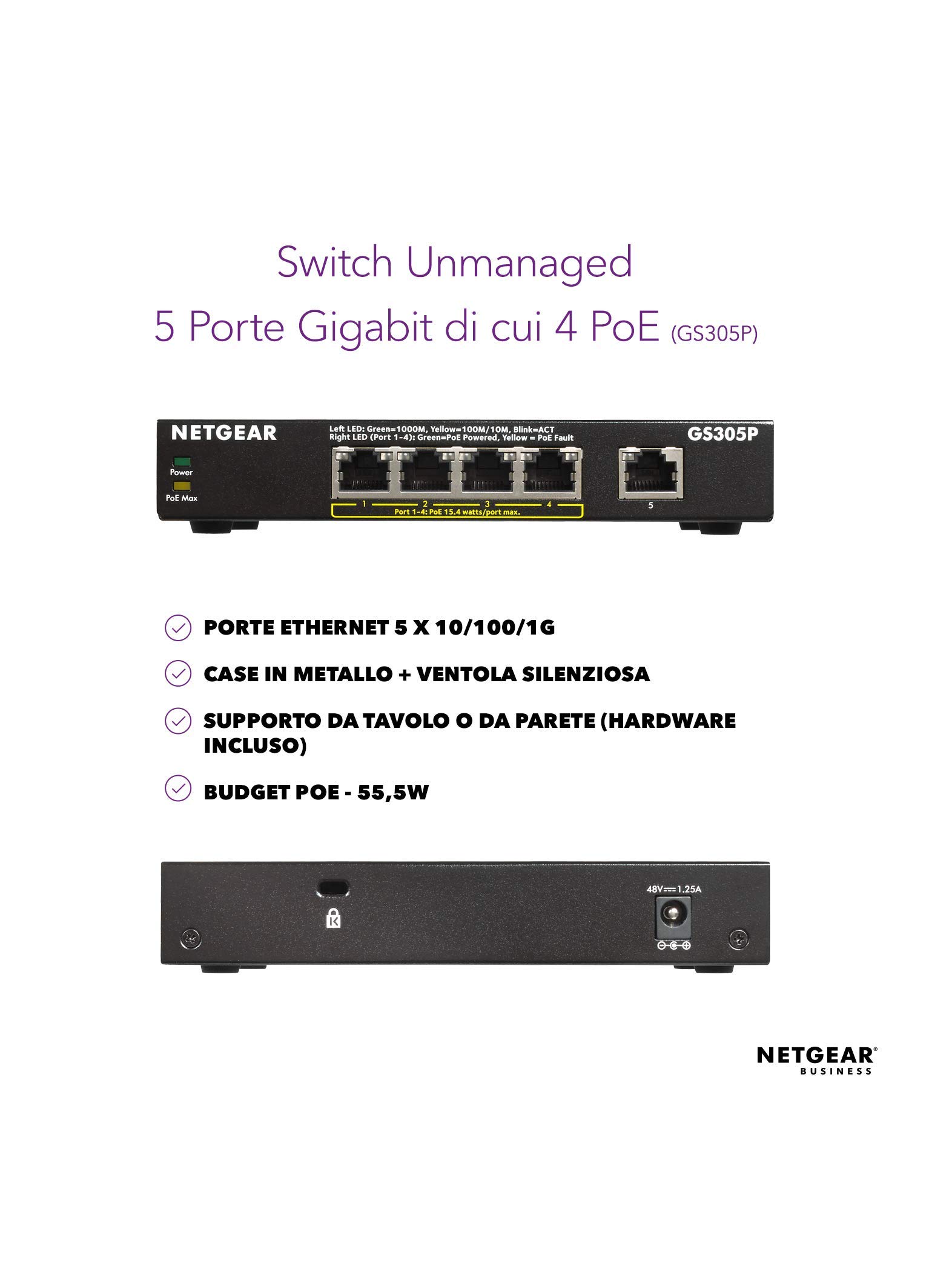 NETGEAR GS305P Switch Ethernet Poe 5 Porte Gigabit, 4 Porte Poe e Budget energetico Pari a 55W, Switch unmanaged Desktop, Struttura in Metallo Senza ventole