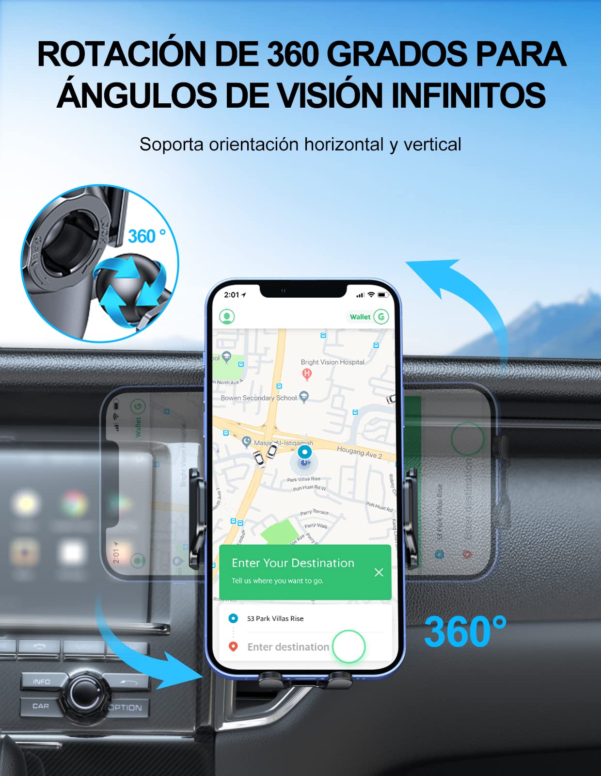Mohard 15W Qi Cargador Inalámbrico Coche con Adaptador Cargador, Soporte Móvil Coche Carga Rápida, Rotación de 360° Sujeta Movil Coche Compatible con iPhone 16 Pro Max/15/14/13, Galaxy S25 Ultra/S23