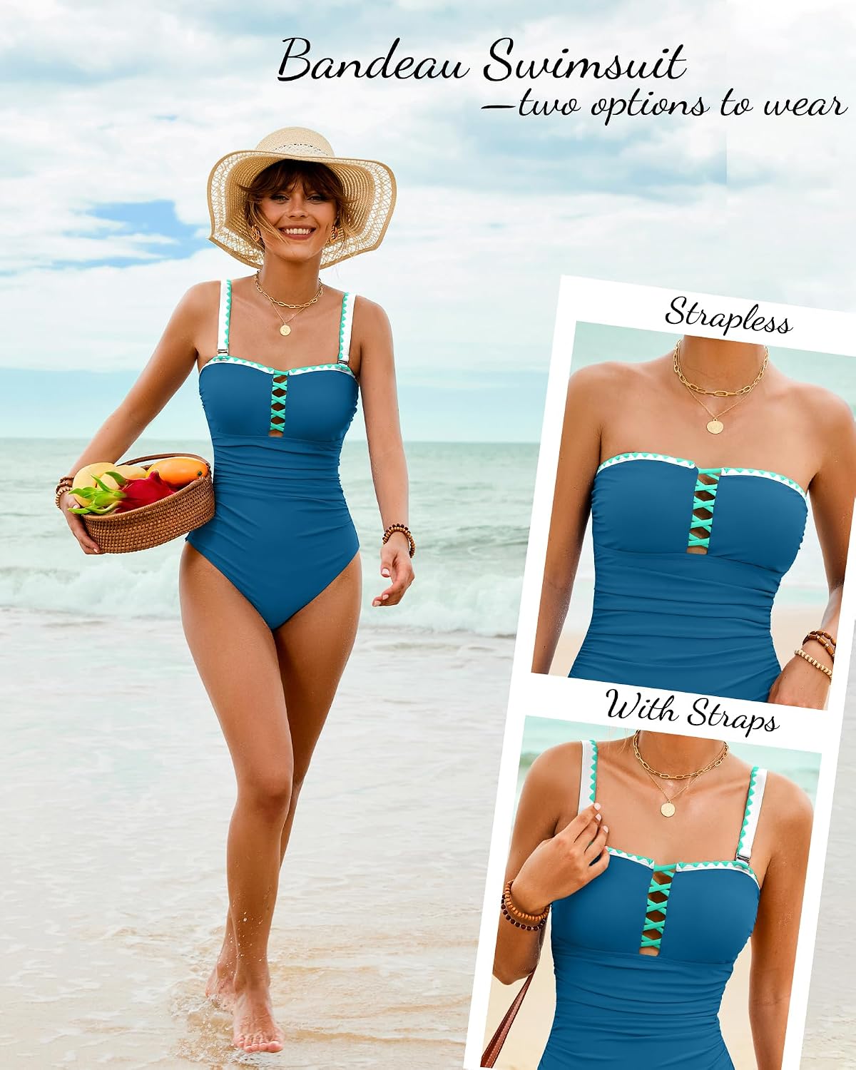 XUNYU One Piece Swimsuit Women Tummy Control Bathing Suit Strapless Bandeau Swimwear Lace Up Slimming Modest Swim Suits 2026