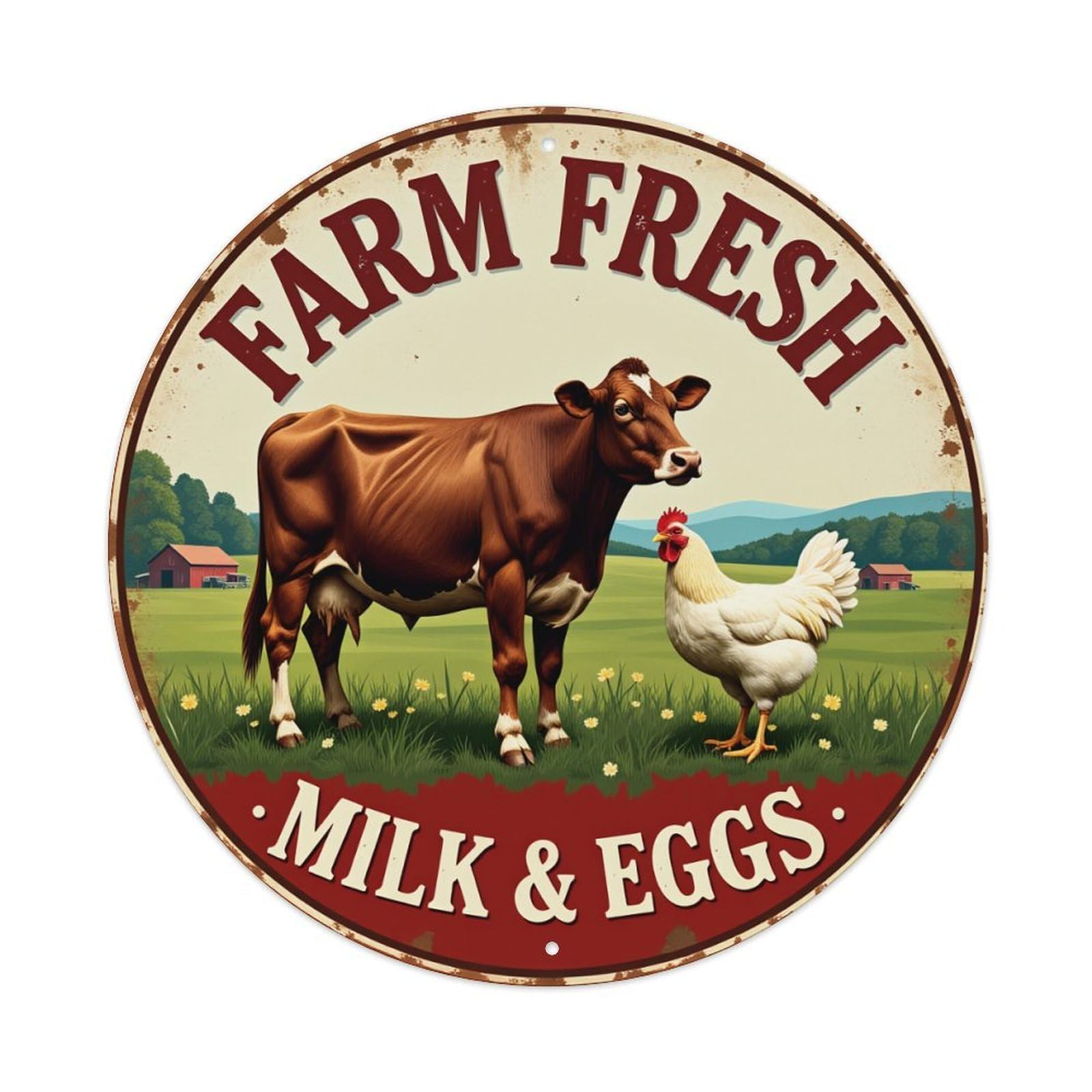 Farm Fresh Milk Eggs Cow Chicken Round Tin Sign Vintage Metal Poster, Home Bar Garage Man Cave Cafe Indoor & Outdoor Wall Decoration 8x8Inches