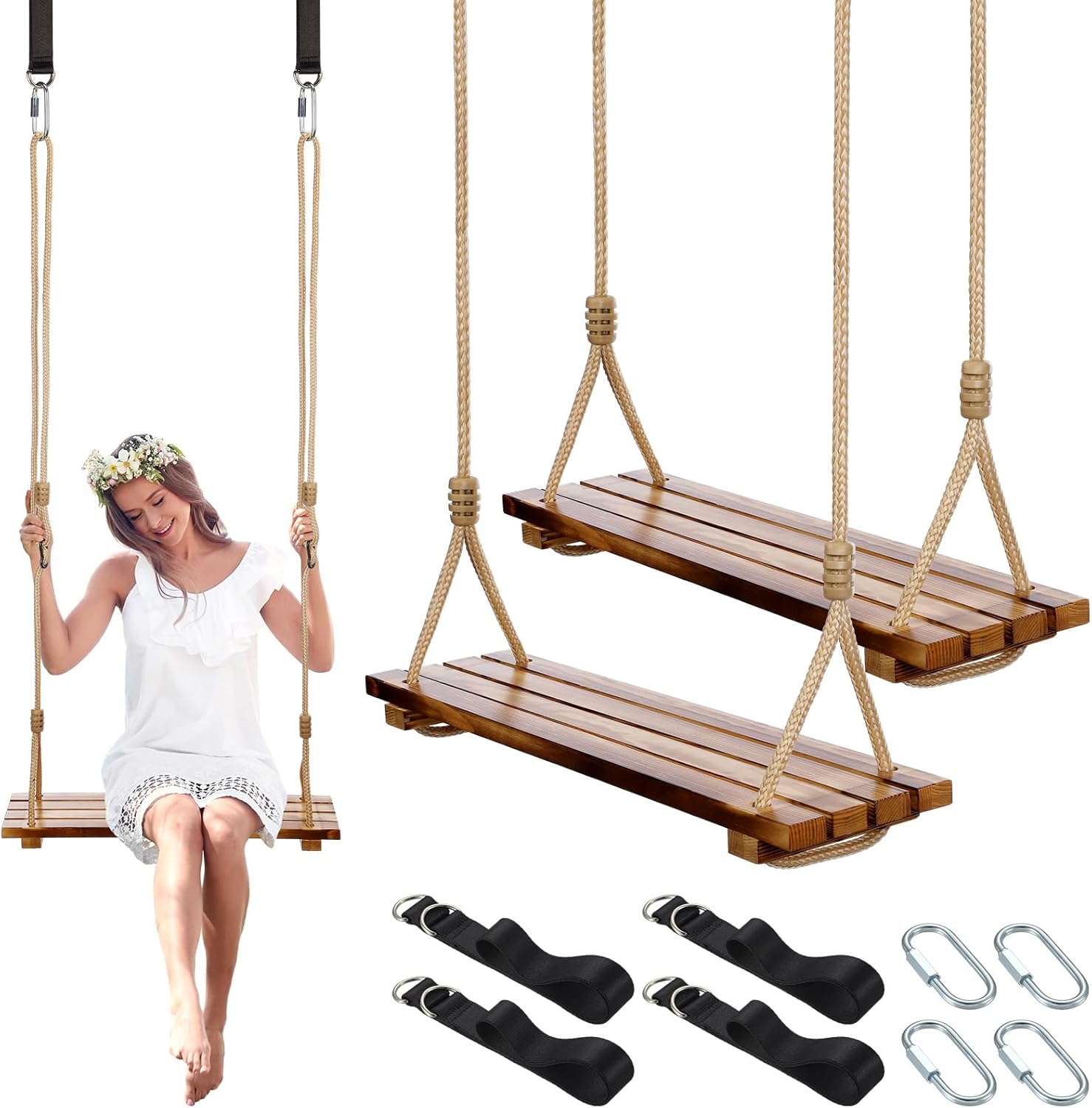 2 Pcs Wood Swing Seat Carbonized Hanging Wood Tree Swing Adjustable Anticorrosive Waterproof 440lbs Load Indoor Outdoor Backyard Play, 24 x 6.3 x 1.42 Inch (Classic Style)