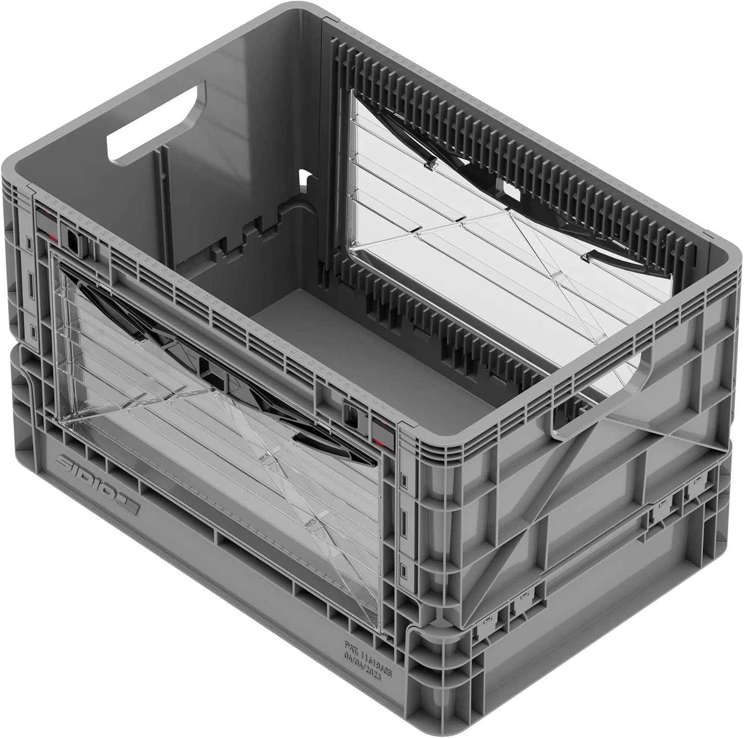 SIDIO Full-Size Collapsible Crate - Heavy Duty Stackable Storage Bin with Lid & 2 Short-Ways Dividers, Durable Plastic Organizer for Home, Office, Garage & Outdoor Use (Smoke)