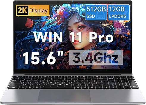 15.6 Inch Laptops, Win 11 Pro Laptop Computer,12GB RAM 512GB SSD, Celeron N100 Quad-CoreUp to 3.4GHz, FHD IPS 1920x1080, HDMI, Type-C, USB 3.0, WiFi 6, BT 5.2, TF Card Reader, 6500mAh