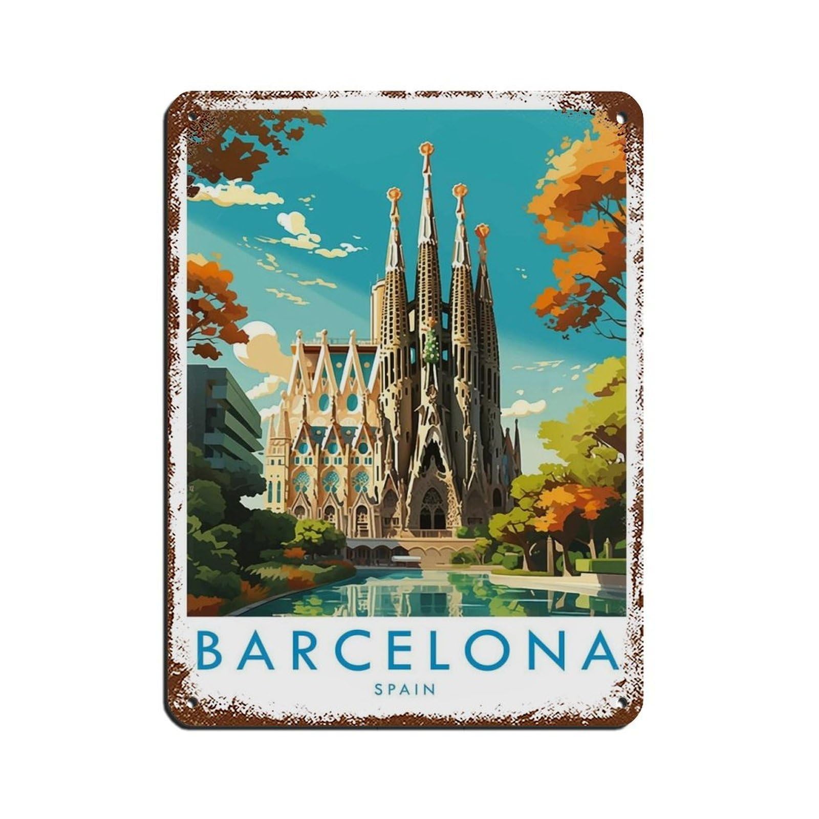Barcelona Travel, Barcelona Travel Poster Tin Sign Vintage Metal Pub Club Cafe Bar Home Wall Art Decoration Poster Retro 12x16inch(30x40cm)