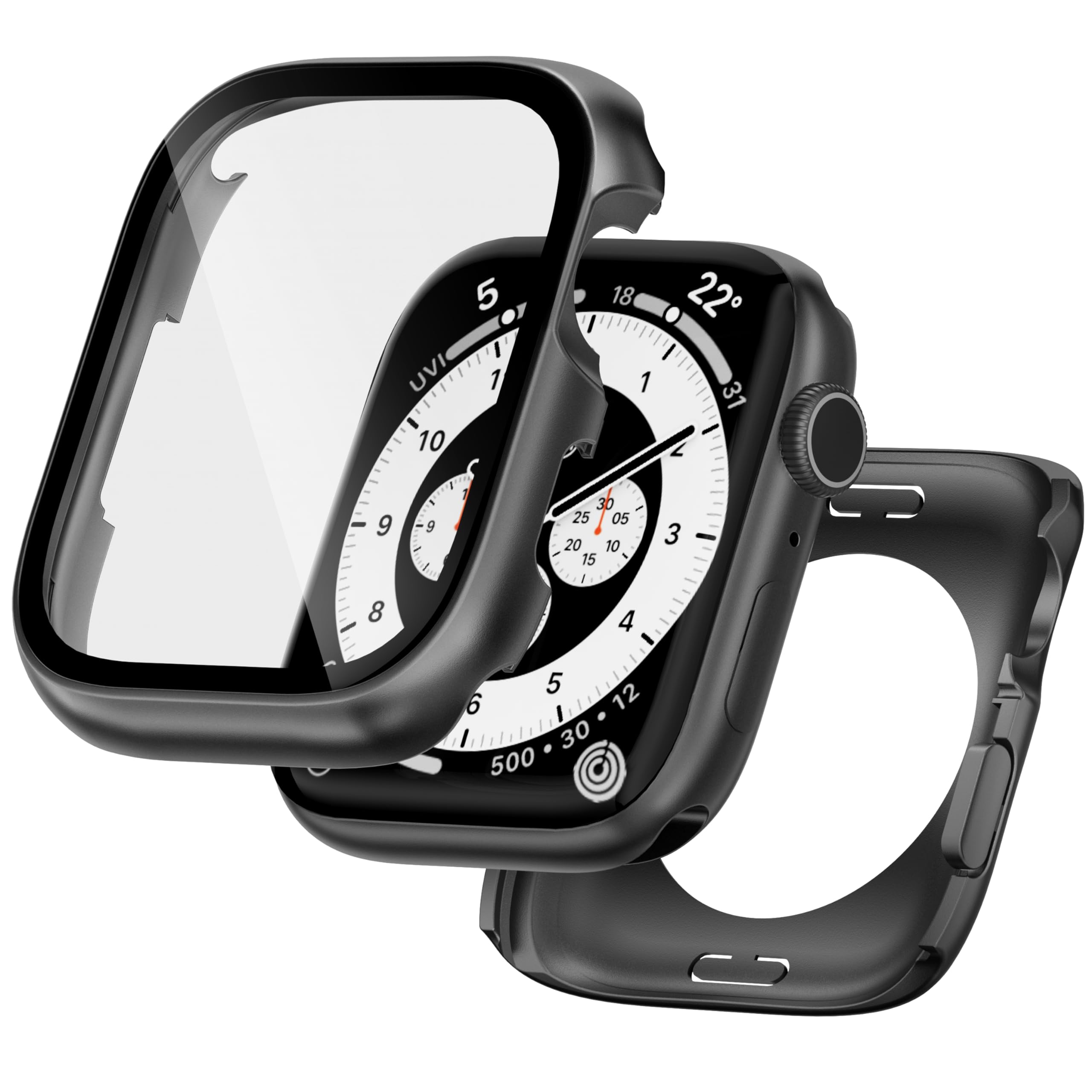 Kawoco 2 in 1 Metall Hülle für Apple Watch Series 11/10/9/8/7/SE3/SE2/SE/6/5/4 40mm 41mm 44mm 45mm 42mm 46mm Rundumschutz mit Metallrückseite,Mit eingebauter gehärteter Glass Schutzfolie für iwatch