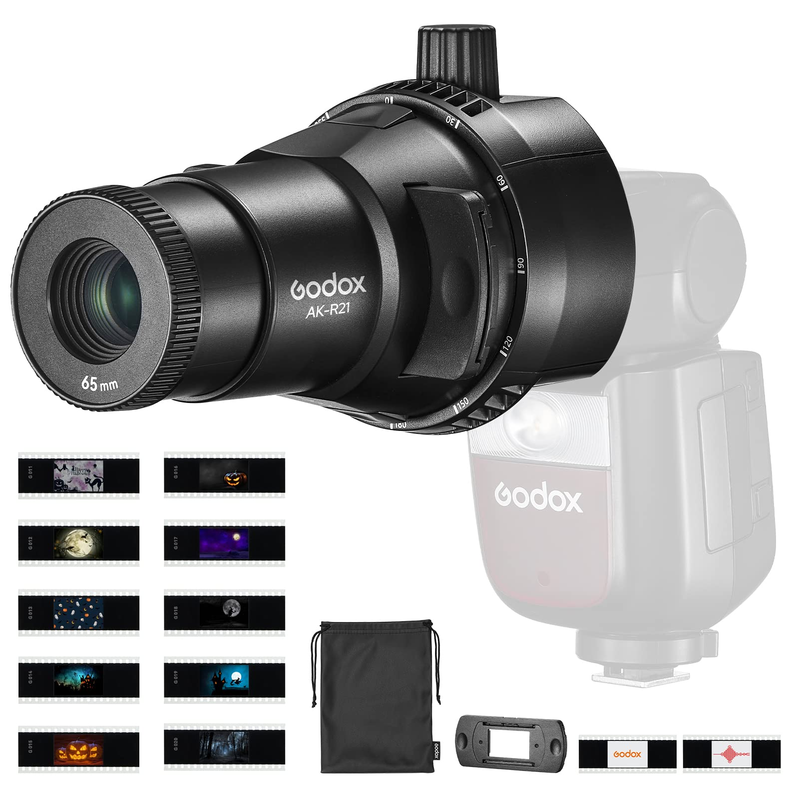 GODOXAK-R21 Flash Projector Flash Light Projection Attachment Kit with 65 mm Focalize Conical Snoot Optical Condenser and AK-S Slide Set (10 Pieces) for Godox AD100Pro,V1,H200R Ring Flash Head