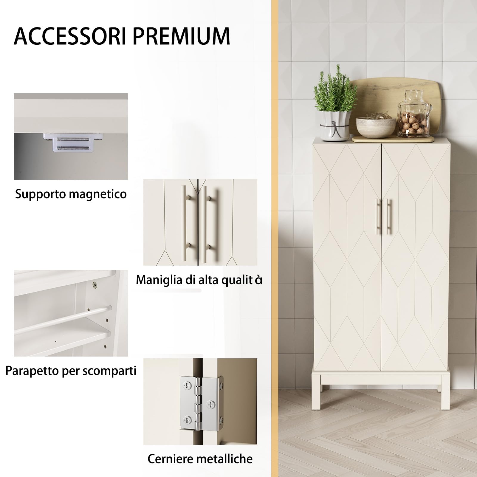 HOLTICO Dispensa da Cucina con Ripiani Regolabili, Piedini Dorati e Ante Decorate, Armadietto Autoportante per Soggiorno, Camera da Letto, Bagno, Sala Pranzo e Garage, Avorio Naturale Senza Dorature