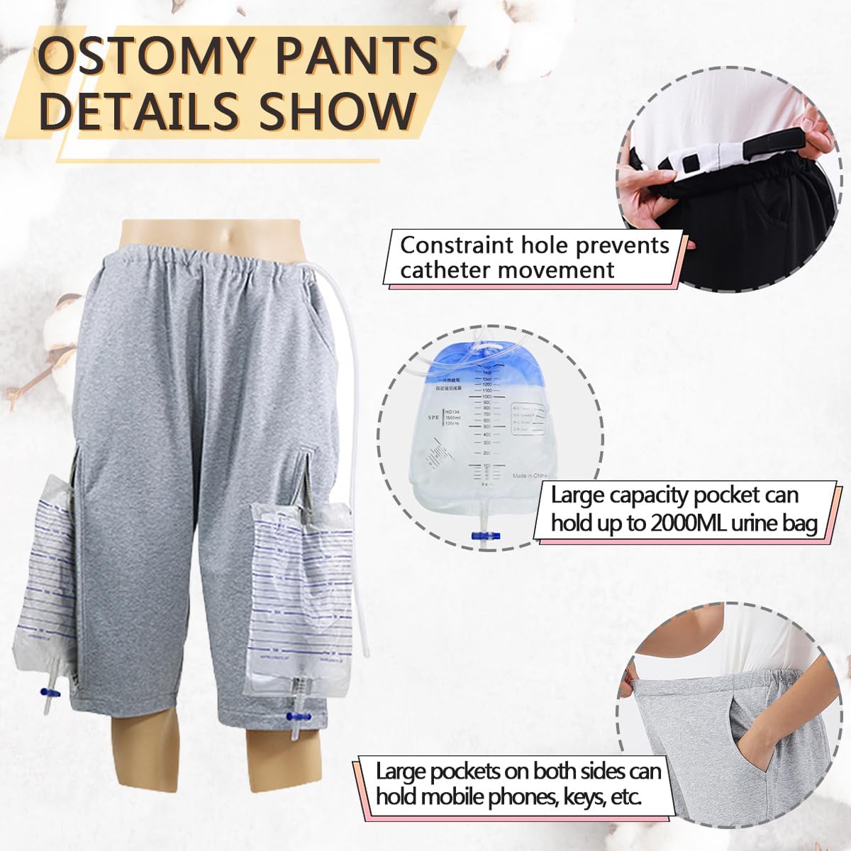 Unisex Incontinence Care Trousers,Urinary Drainage Trouser,Catheter Pant,Fistula Pants,Ostomy Drainage Bag Care Scanties,Double Zippered Pockets Holding 2000ml Catheter Bags Gray - Image 5