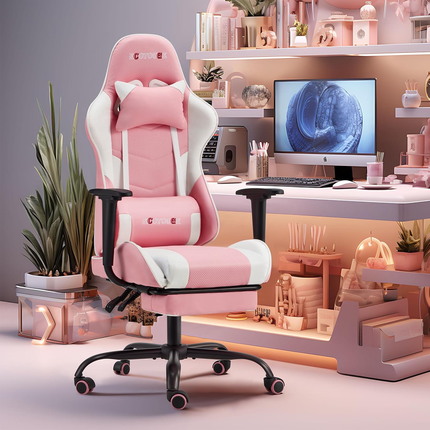 Massage Gaming Chair w/Footrest Video Racing Chair PC High Back Desk Computer Chair PU Leather Recliner w/Headrest and Lumbar Pillow, Pink