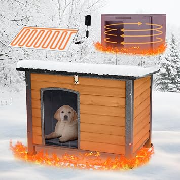 Heated Dog House Outdoor,Anti Bite Iron Frame Dog Kennel with Adjustable Temperature and Time,Insulated Weatherproof Outside Shelter for Feral Animal Brown, M