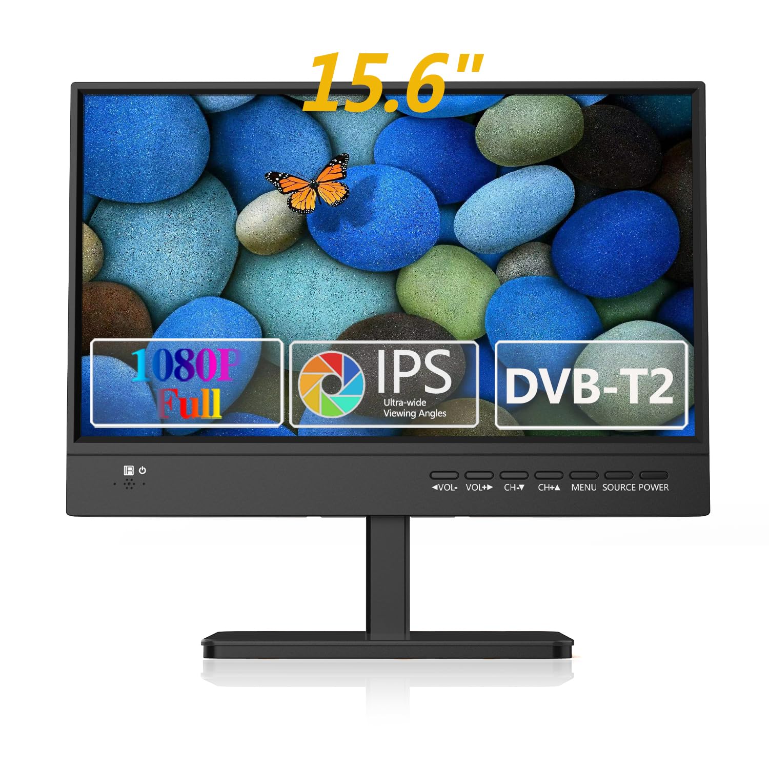 KCR 15,6 Pouces IPS 1080P Freeview Cable TV, HDTV DVB-T2 Tuner, entrée AV, HDMI/VGA PC Monitor, USB Slot, Remote Control, Car (12 Volt) Or Mains Power