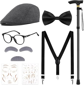 JcHrmers Old Man Costume for Boys,100 Days of School Costume Set for Kids 100th Day of School Grandpa Dress Up