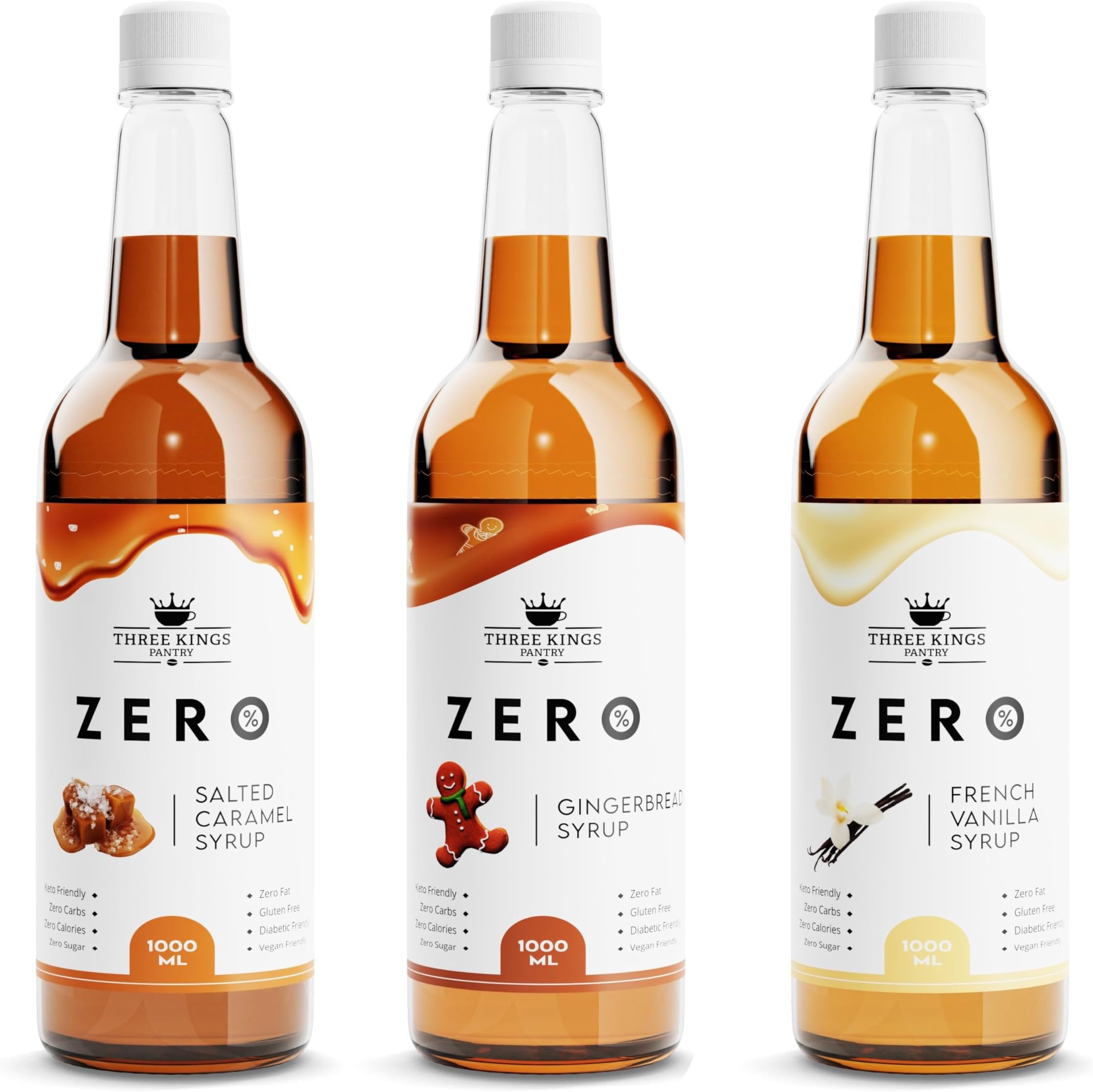 Three Kings Pantry Zero Calorie Syrups | Keto Friendly Coffee Syrup Sugar Free | Guilt Free indulgent flavouring (3 Flavour Bundle)
