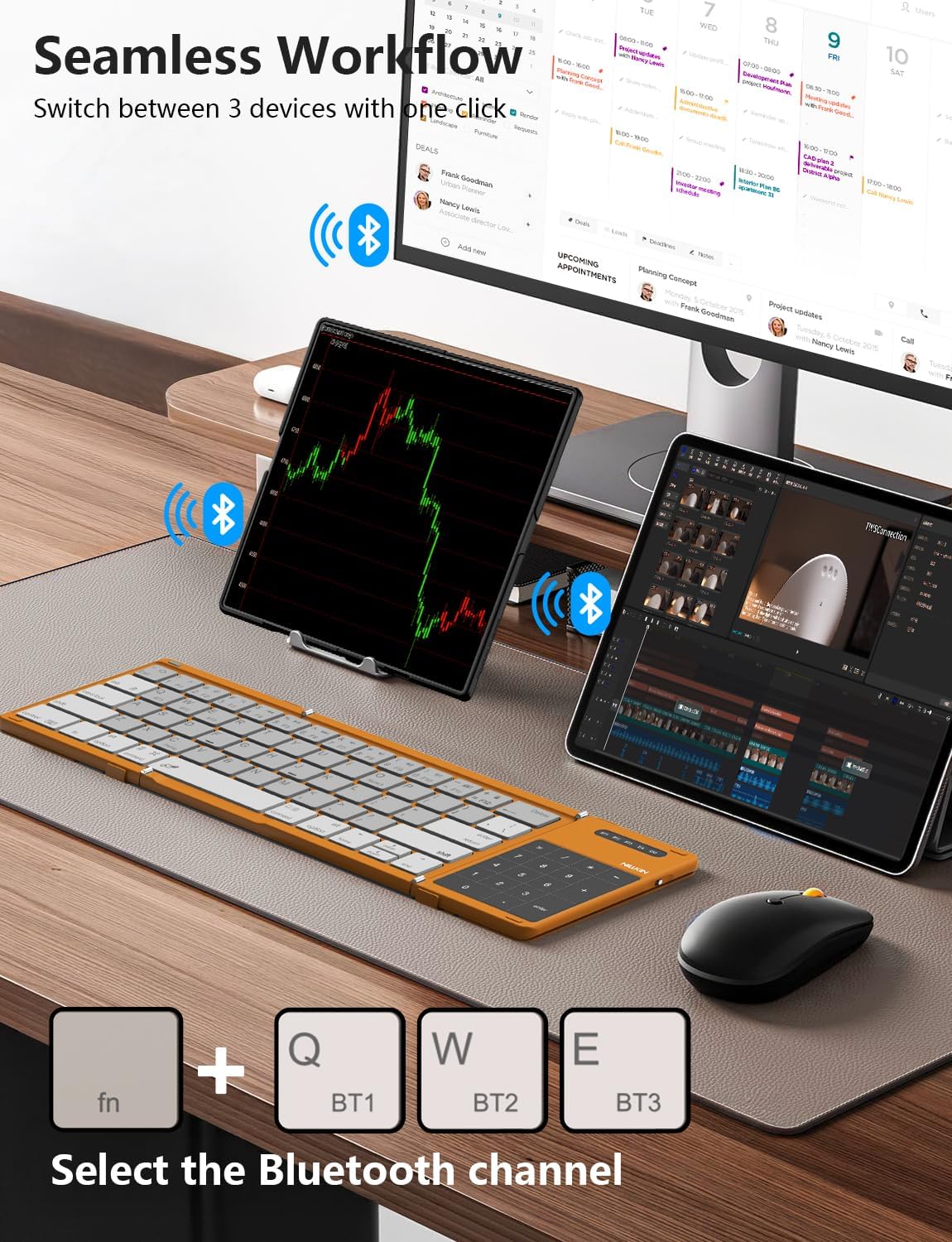 Nillkin Foldable Bluetooth Keyboard with Touchpad & Number Pad, Portable Bluetooth Keyboard with Full Size Keys, Pocket-Sized Wireless Travel Keyboards for iPad, Smartphone, Tablet and Laptop Orange
