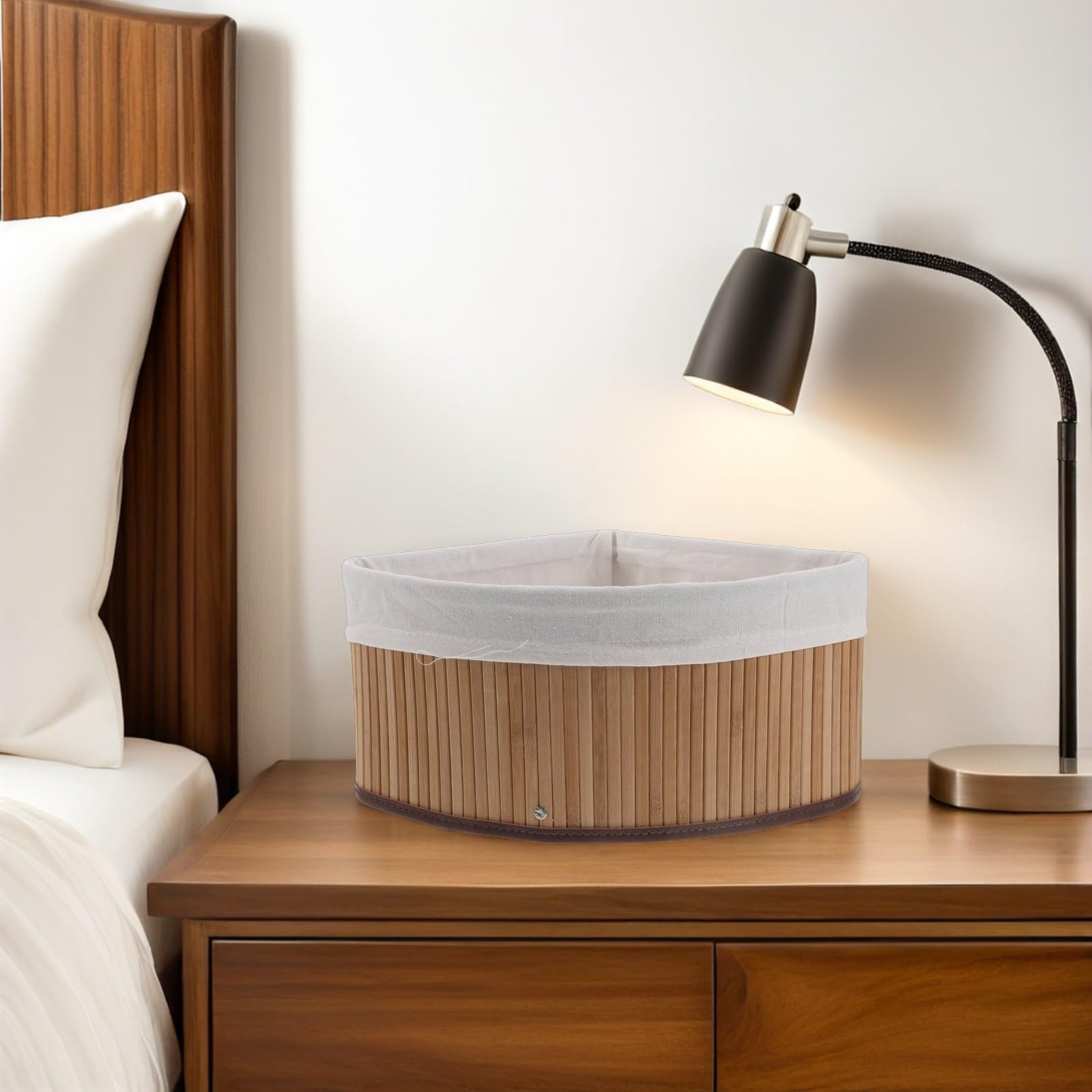 SHINEOFI Cesta de Bambú en Forma de Abanico para Almacenamiento en Esquina con Forro Lavable, Diseño que Ahorra Espacio y Alta Capacidad de Carga para Baño y Cocina