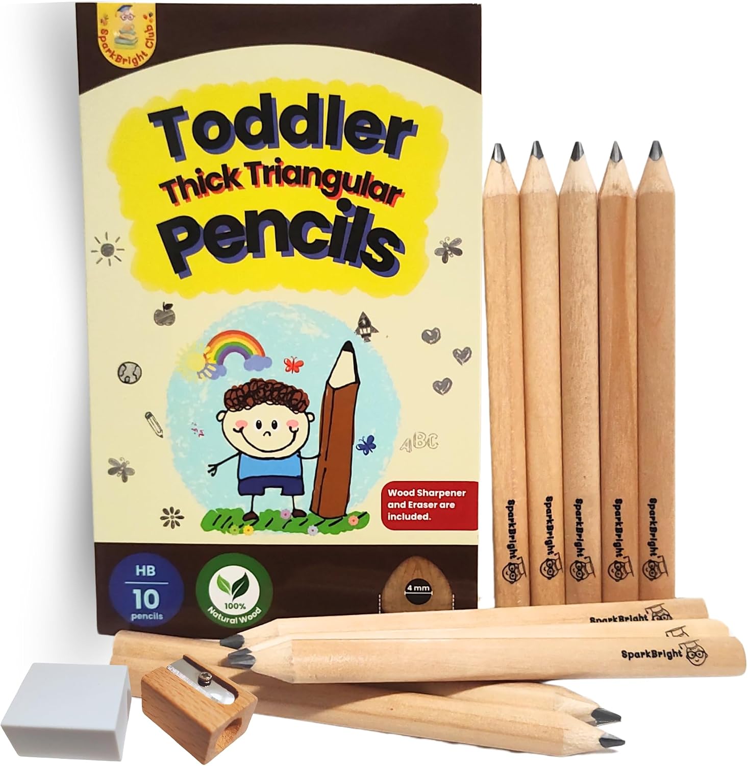 SparkBright Club Triangular Pencils for Kids, Thick Fat Jumbo for Toddlers Ages 2-4, Preschool, Kindergarten & Montessori Homeschool, Break-Resistant 4mm Core, 10#2 Pencils with Sharpener & Eraser