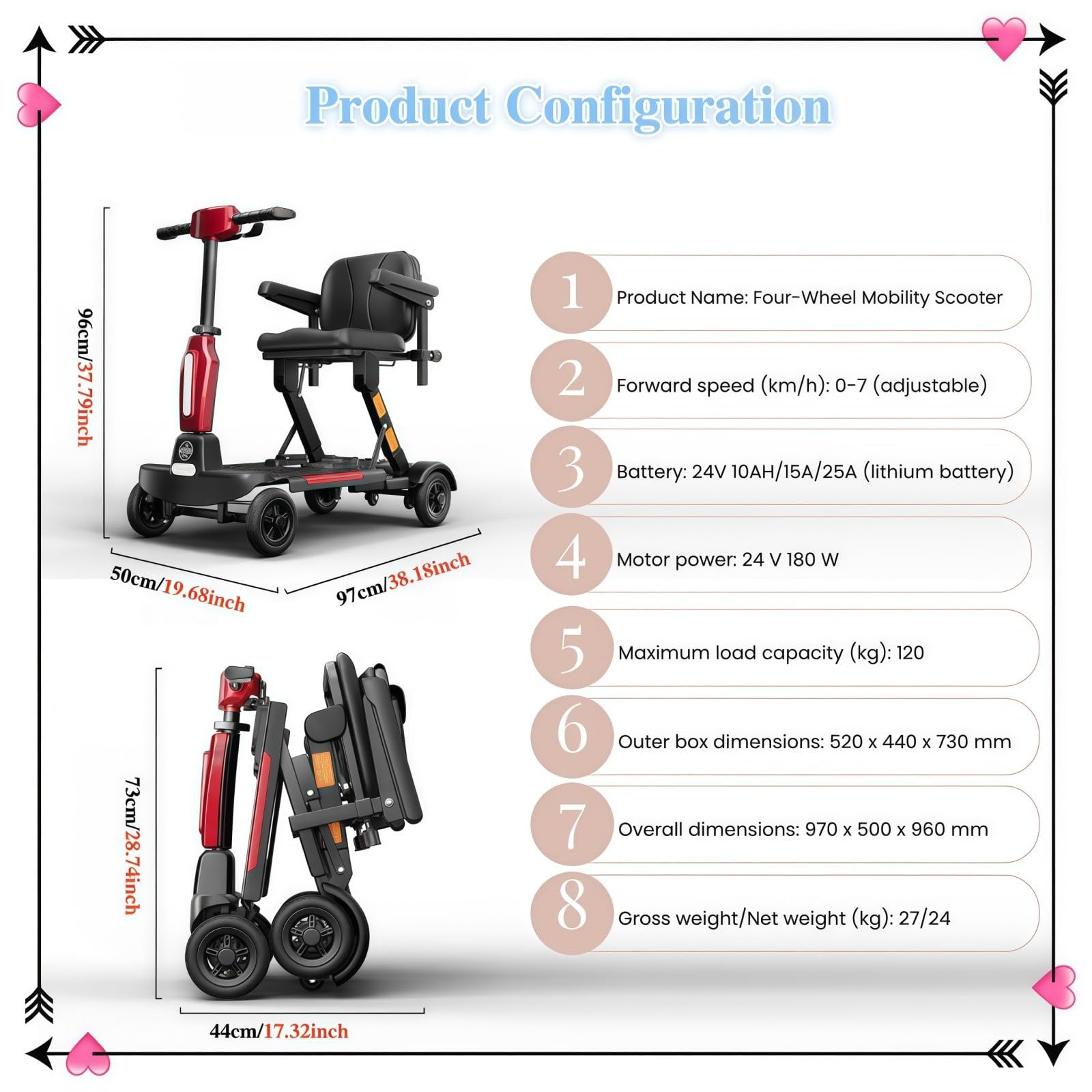 Scooter De Movilidad Plegable Automático,Vehículo Eléctrico De Cuatro Ruedas,Freno Electromagnético,Motor De 180 W,Capacidad De Carga Máxima 120 Kg,Para Todo Terreno. Manual folding,10A