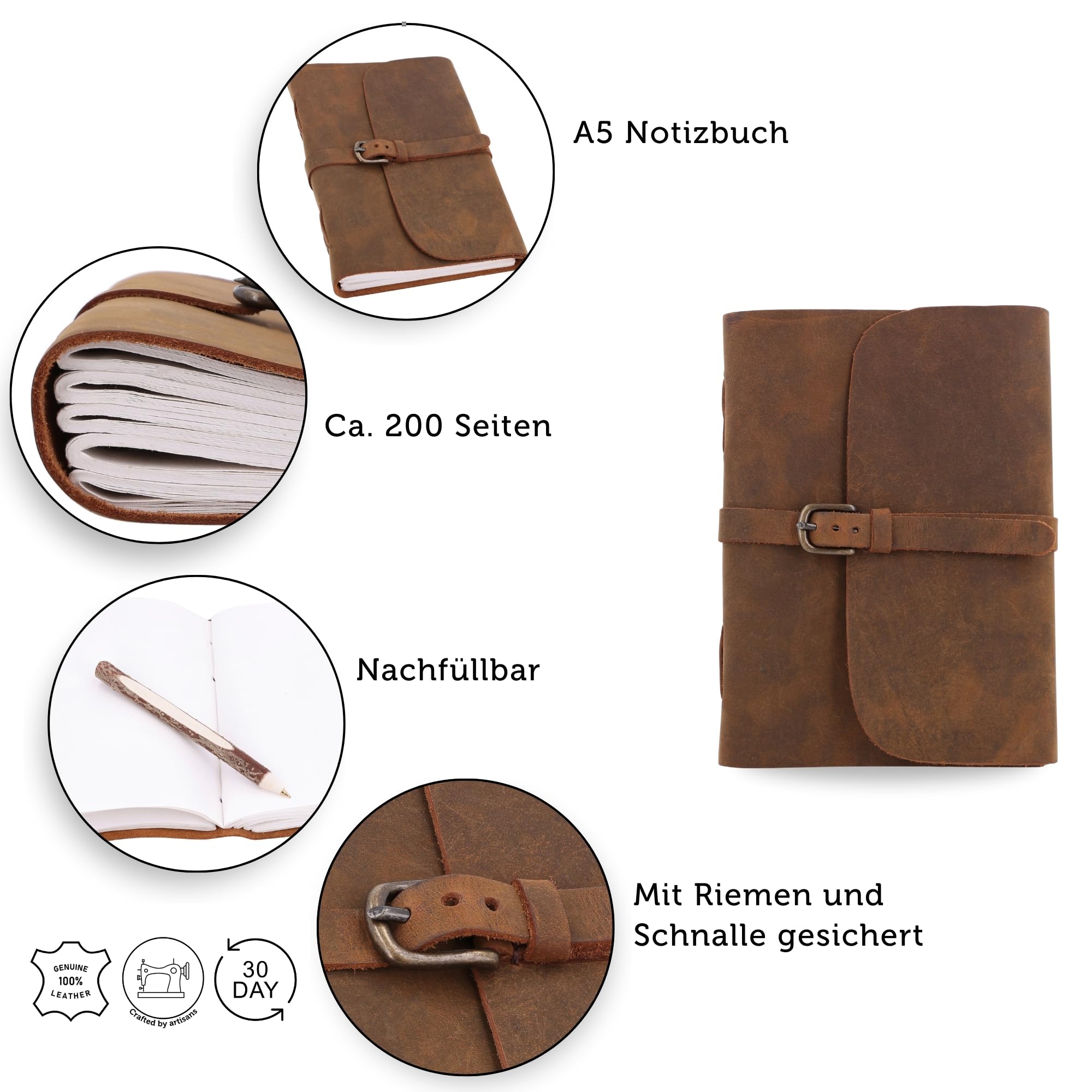 Gusti Notizbuch Leder - Gea Notizbuch Tagebuch Vintage braun Leder