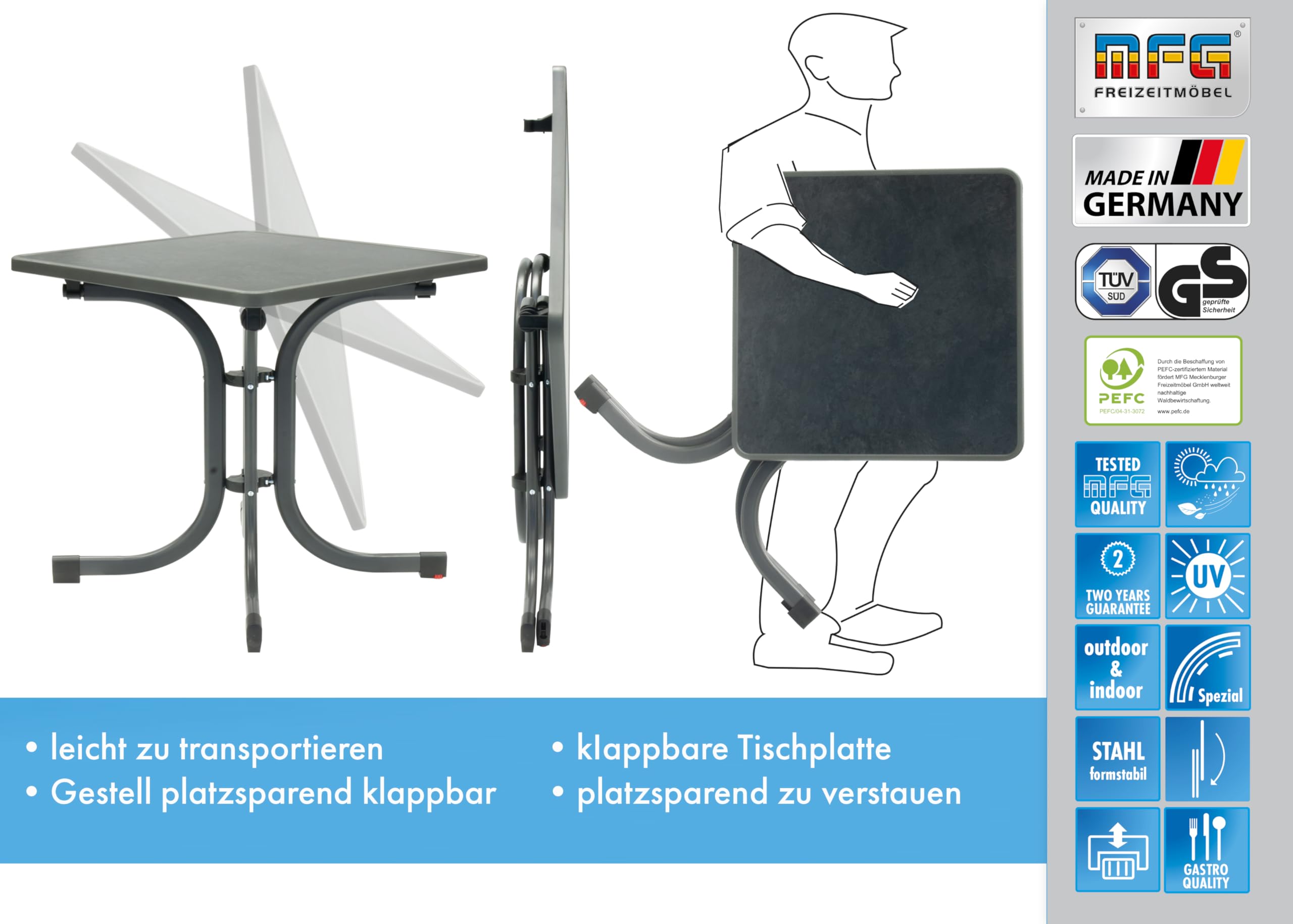 MFG Boulevardklapptisch 70x70 cm, anthrazit/Schiefer