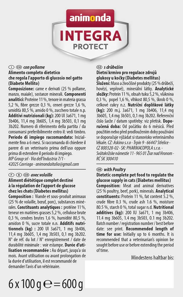 animonda INTEGRA PROTECT Nourriture pour chat humide diabète volaille (6 x 100 g), recommandée par le vétérinaire en cas de diabète sucré, aliment diététique développé avec des vétérinaires pour chats