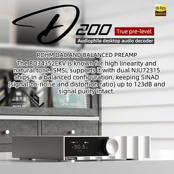 SMSL D200 Desktop DAC Preamp ROHM BD34352EKV Decoder Chip Clock Input | Bluetooth Lyrics Display Supports to PCM 768kHz DSD512 MQA USB/Optical/Coaxial/BT Inputs RCA XLR Output with Remote Control
