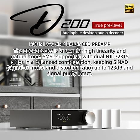 SMSL D200 Desktop DAC Preamp ROHM BD34352EKV Decoder Chip Clock Input | Bluetooth Lyrics Display Supports to PCM 768kHz DSD512 MQA USB/Optical/Coaxial/BT Inputs RCA XLR Output with Remote Control