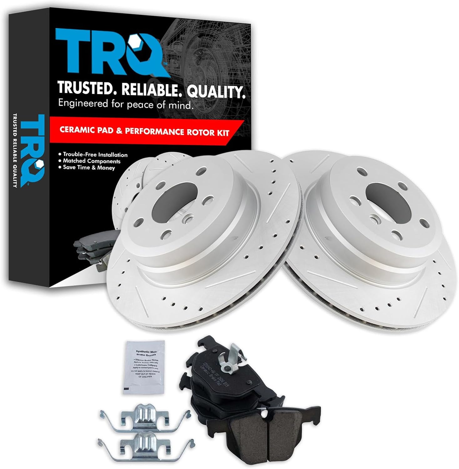 TRQ Rear Brake Pad and Rotor Set Ceramic G Coated Drilled Slotted Rotors Compatible with 2007-2018 BMW X5 2010-2018 X6