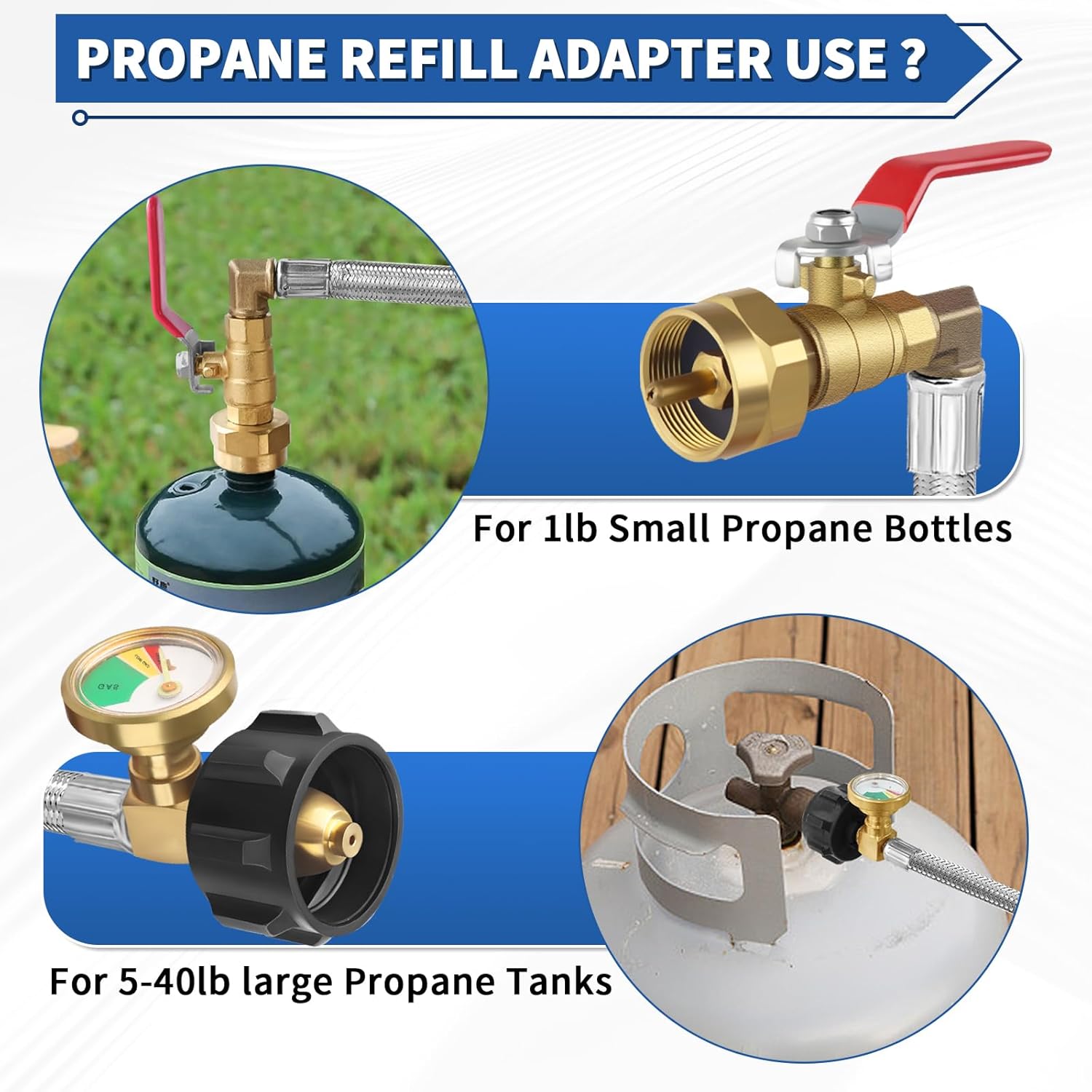 Boltigen 1lb Propane Refill Adapter, 36 inch 1 Pound Small Bottle Tank Fill Hose with Gauge & Valve Heavy-Duty Stainless Steel Filler Hose QCC1/Type1 Connector Refilling from 20lb Cylinder for Camping