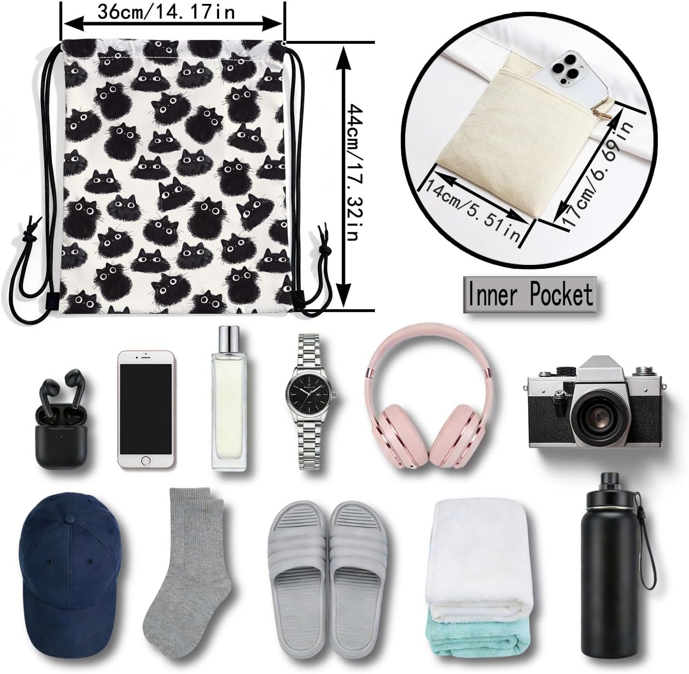 Fluffy Black Cat Dual-Sided Print Drawstring Bag