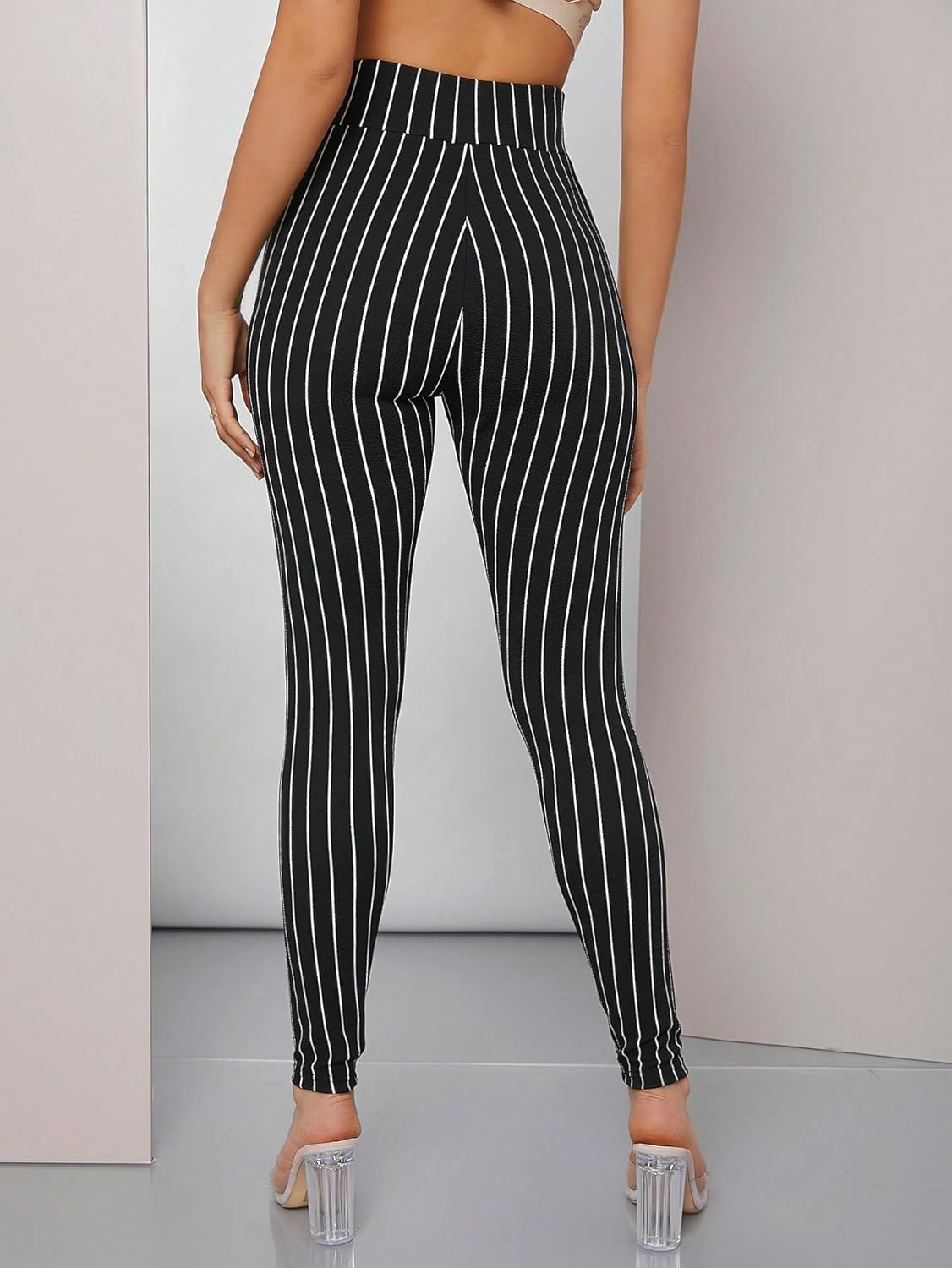 WDIRARA Women's Striped Leggings Elastic Waist Work Office Skinny Pants - Image 2