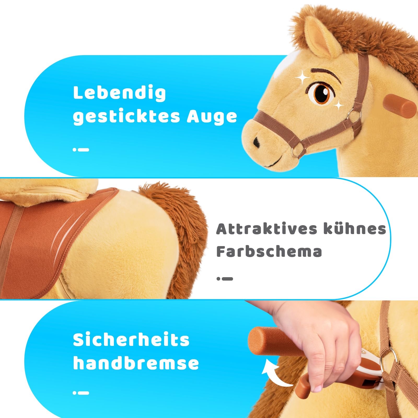 PonyCycle® Schaukelpferd auf Rollen | für Kinder 4–7 Jahre, 90cm | Hellbraunes Plüsch Reitpferd mit Handbremse | Stehpferd, Schaukeltier, Indoor & Outdoor | Basis Modell E – E436