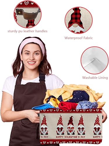 Miniatura 4 de Cesta de almacenamiento de gnomos de San Valentín para estantes, diseño de gnomos en arpillera con textura de corazón y rosas, cubos de