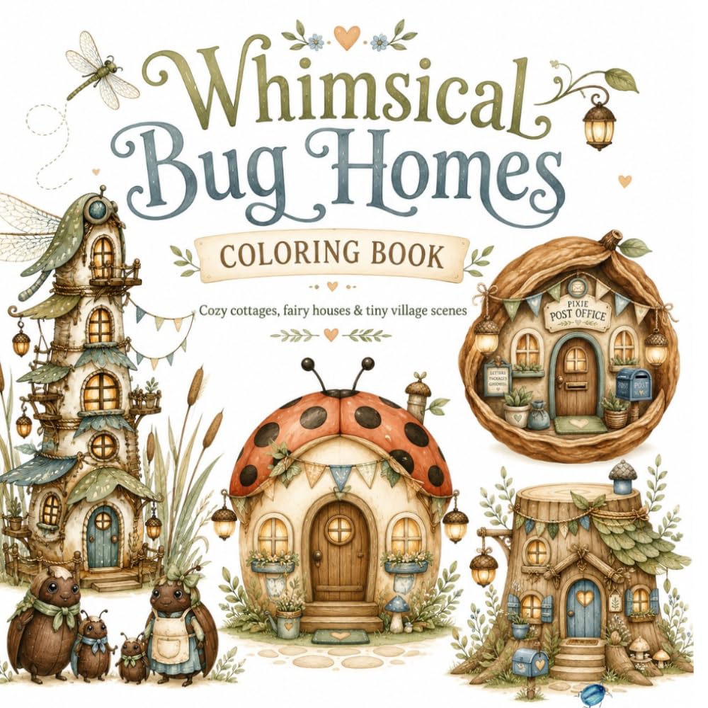 Whimsical Bug Homes Coloring Book: Cozy Cottages, Fairy Houses & Tiny Woodland Village Scenes for Adults and Teens