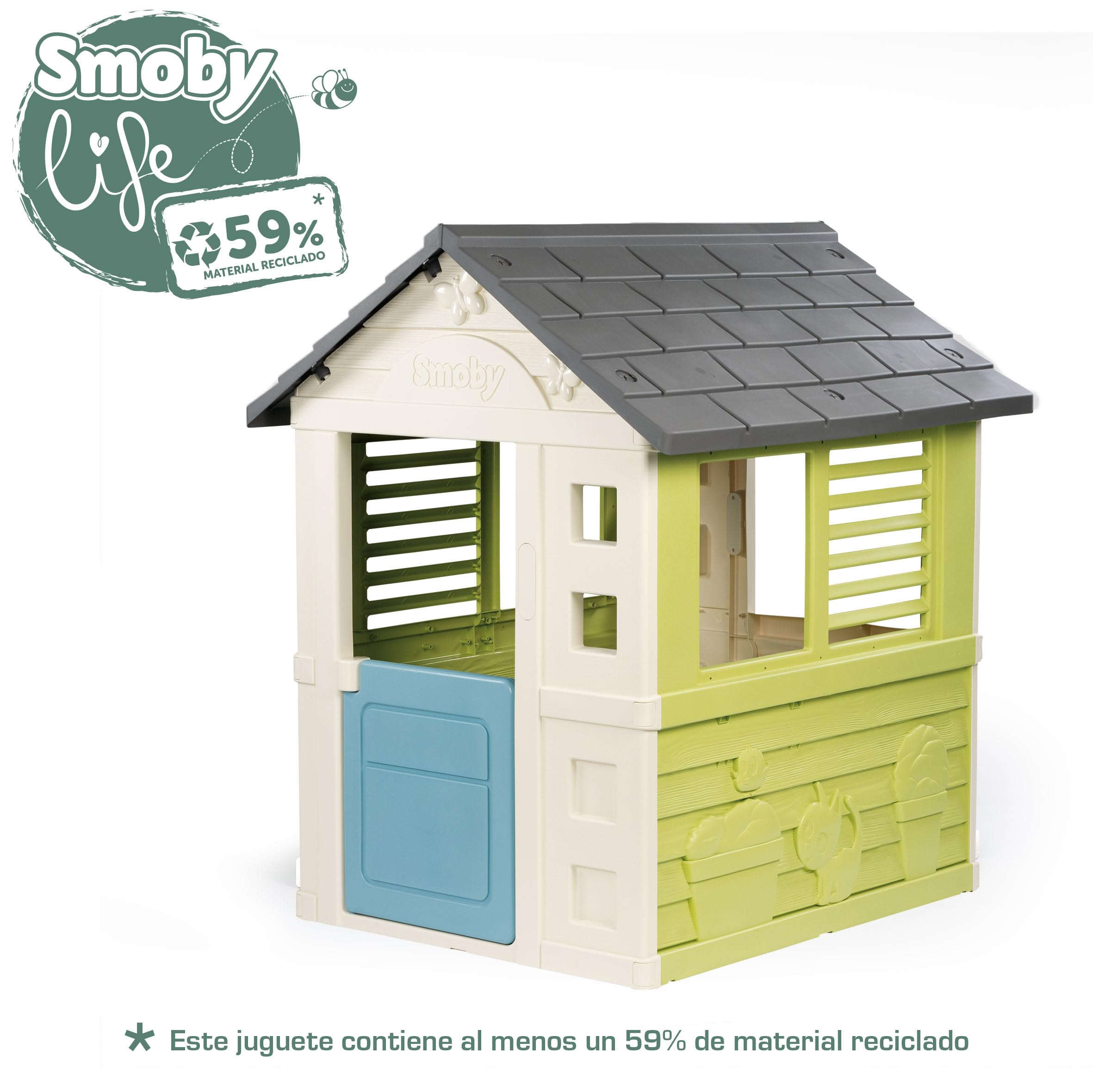 Smoby Life Casa de Juegos Jolie - Resistente a los Rayos UV - Plástico Reciclado 59% - Ideal para Jardín o Terraza - con Puerta Baja y Ventanas con Listones - A Partir de 2 Años (7600810737)
