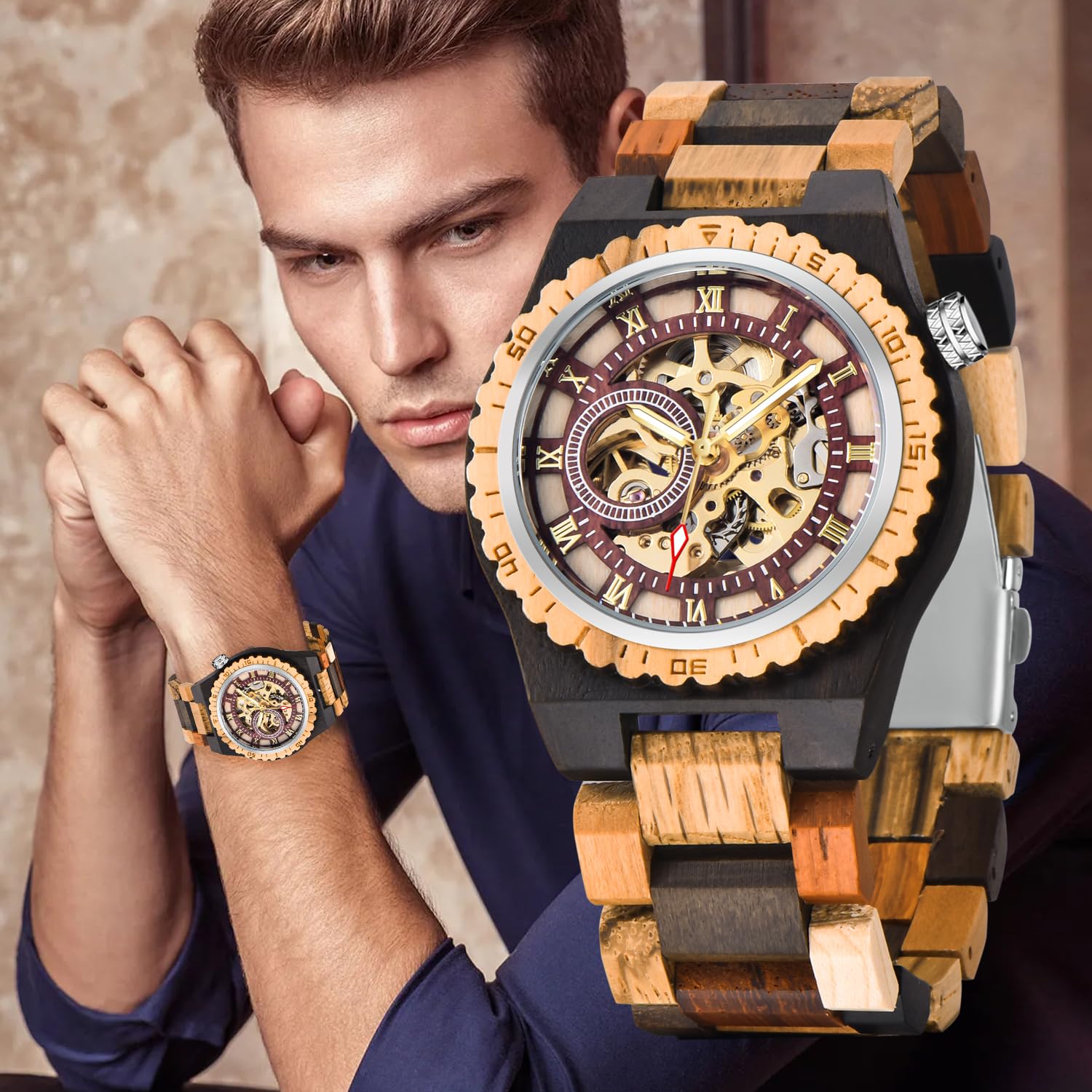 Tiong Orologio sportivo meccanico in legno, quadrante digitale cavo, cinturino in legno con lancette luminose, orologio meccanico da uomo