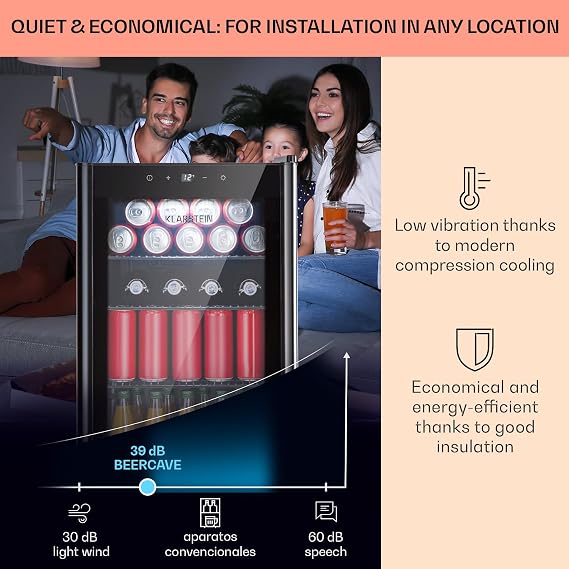 KLARSTEIN mini fridge with glass door & LED, mini fridge for rooms, small drinks with removable 3 shelves, small 70L, indoor/outdoor quiet, 0-22 °C [Energy Class E]
