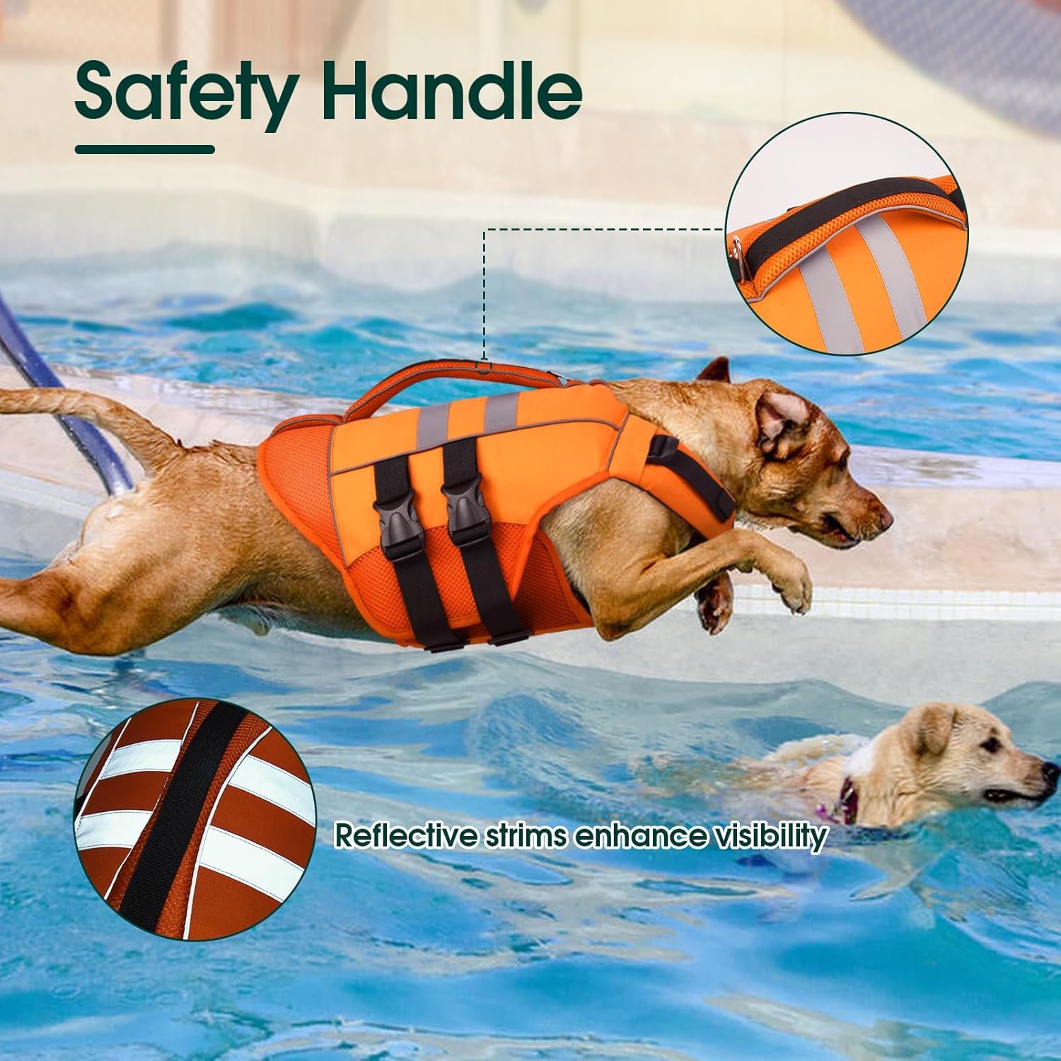 Kuoser XL Dog Life Jacket, Large High Flotation Dog Life Vest for Swimming Boating, Reflective Dog Swimming Vest Pet Life Preserver with Rescue Handle, Orange XL