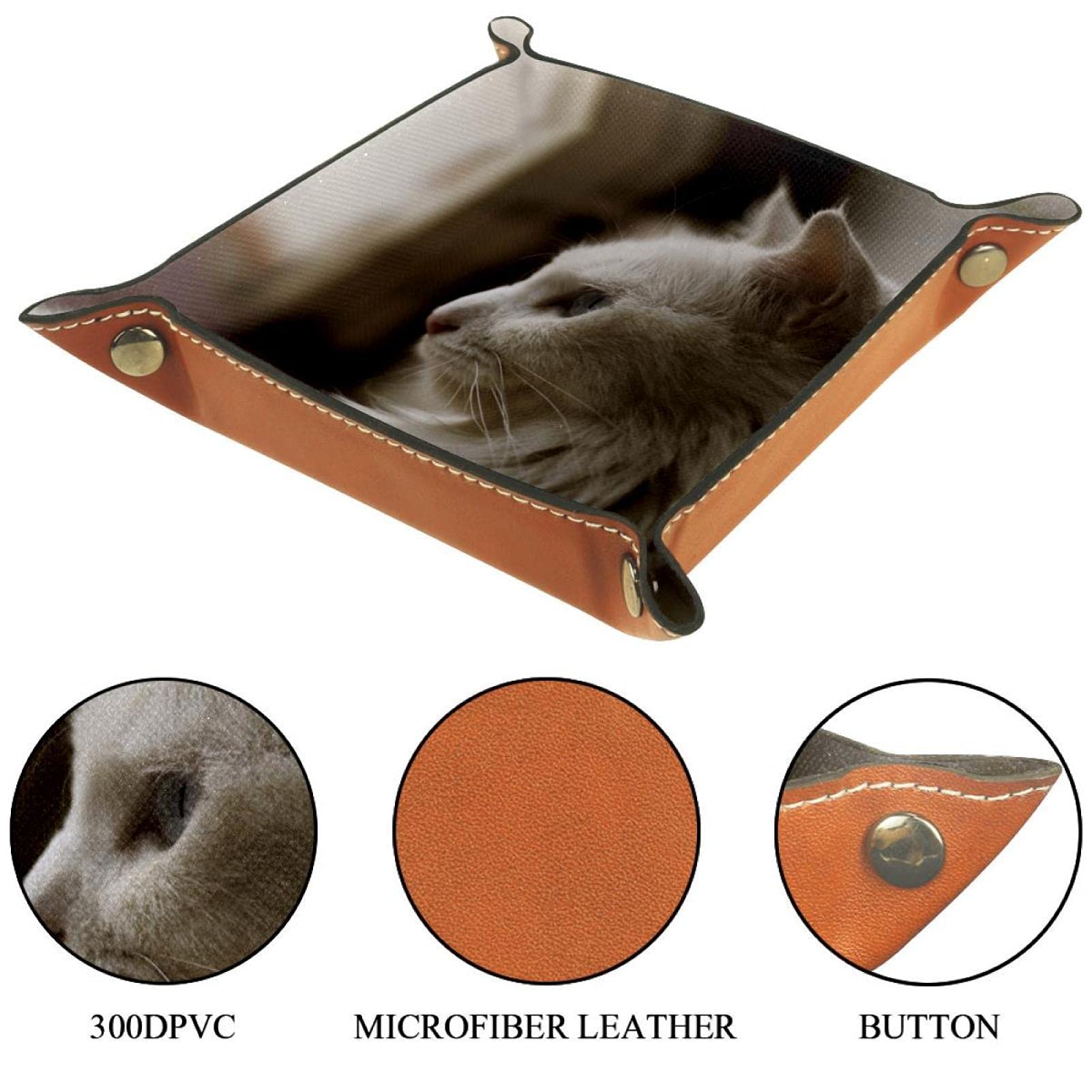 Valet Plateau En Cuir - Organisateur De Bureau, Bijoux, Clés, Montre - Motif Chats Et Lune, Dimensions 5,71x5,71x1,2 Pouces