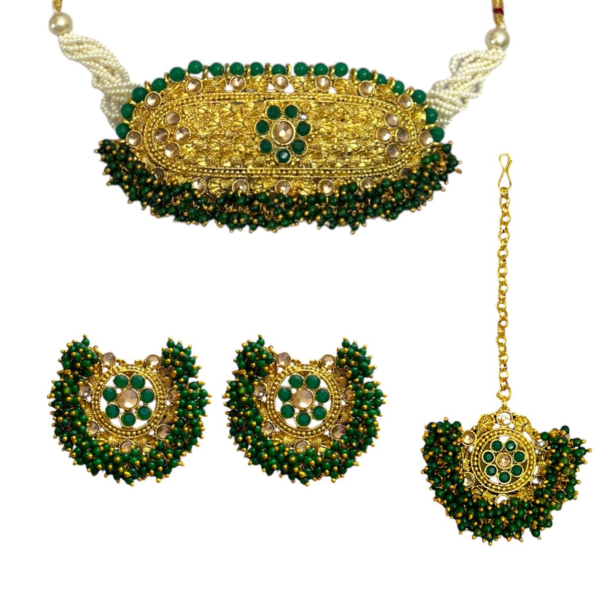 ACCESSHER Gold Plated Traditional Green Beads Embellished Rajwadi/Rajasthani Style Statement Choker Set with Earrings and Maang Tikka for Women and Girls (B0DCC3LQPC) Amazon Price History, Amazon Price Tracker