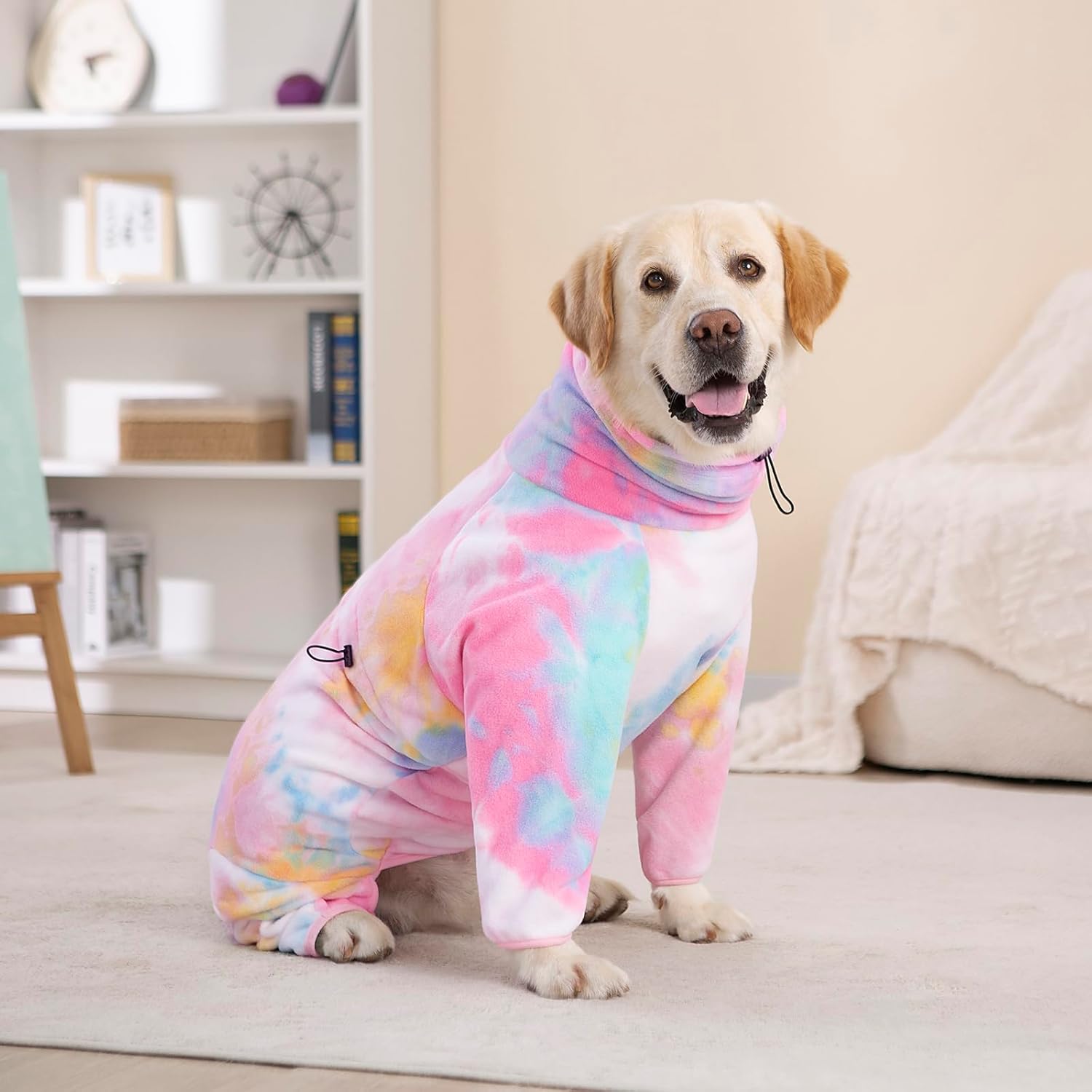 Dog Winter Coat for Large Medium Small Dogs, Warm Fleece High Collar Full Body Dog Jumpsuit Comfortable Onesie Apparel (Pink Blue, 6X-Large)
