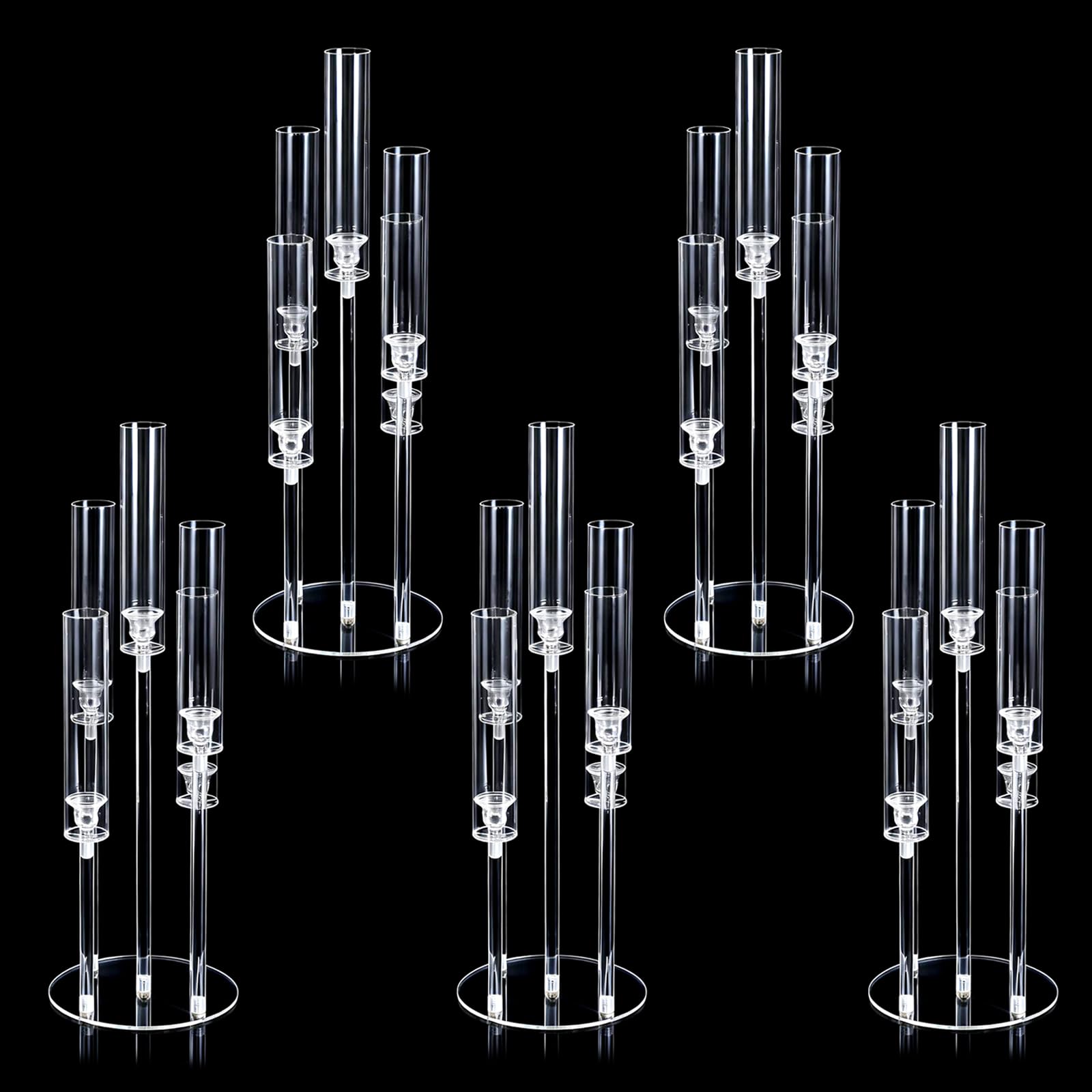 GarveeHome 5-Armiger Acryl-Kerzenständer im 5-teiligen Set – transparenter Tisch-Kerzenhalter für Hochzeitsdeko, Esstisch & Wohnzimmer, rutschfest (ohne Kerzen)