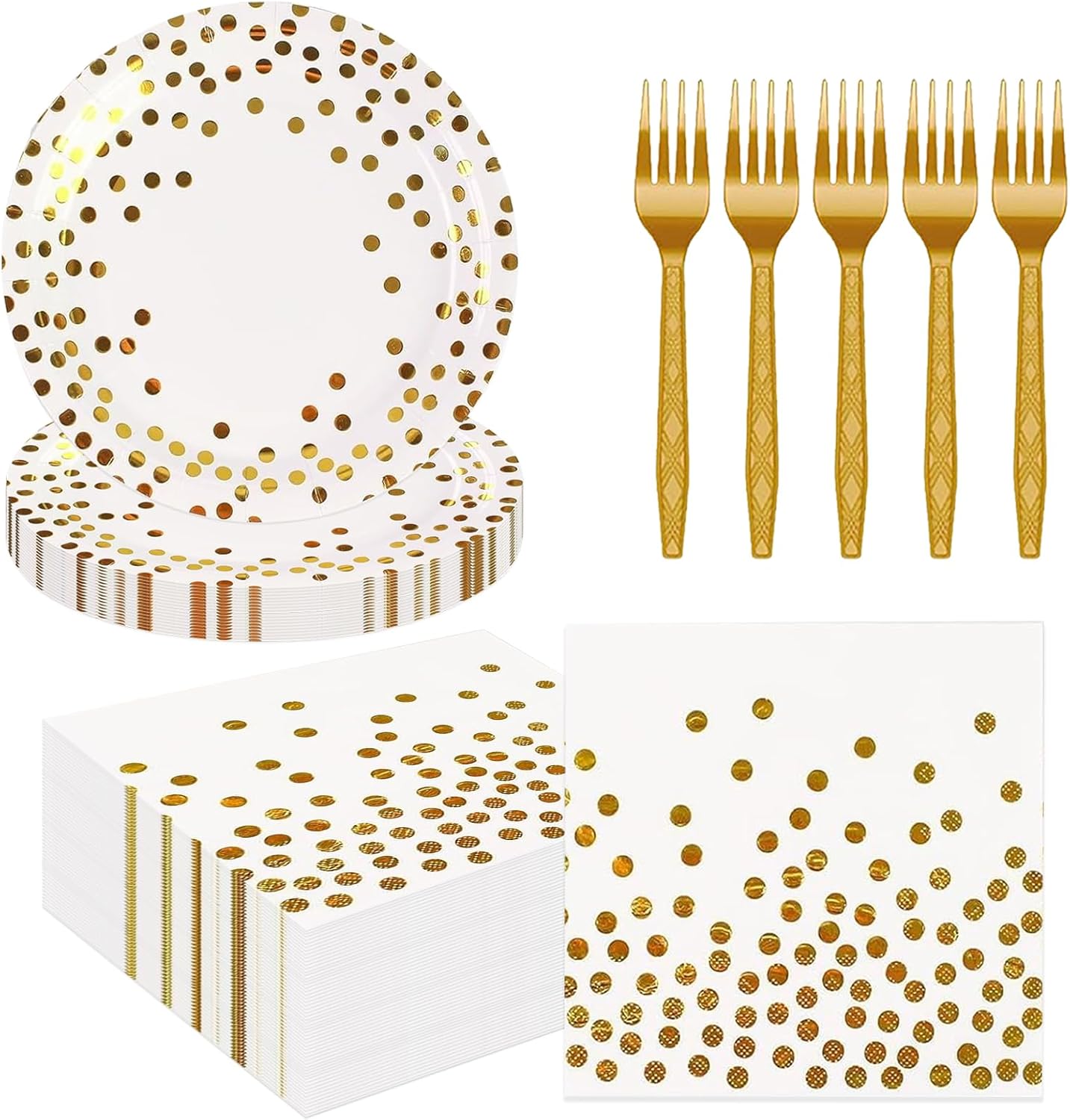 75PCS Paper Plates &Napkins Set- White& Gold Dot Disposable Dessert Plates 7INParty Plates 6.5IN Napkin Plastic Fork Tableware for Birthday Wedding Christams Holidays Party Decoration 25 Guests