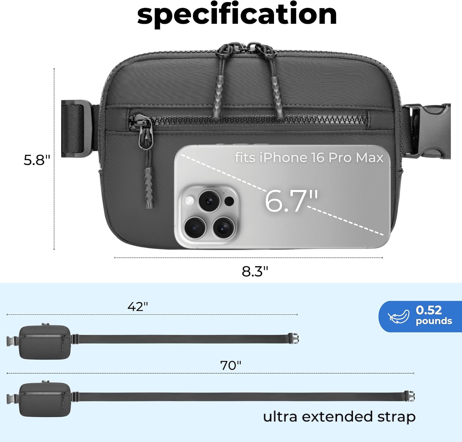 FORZAROCKET Plus Size Fanny Pack | XL Extended Strap 70" | Double Compartment | Women Men Crossbody Sling Bag | Essential-Fit Belt Bag - Image 6