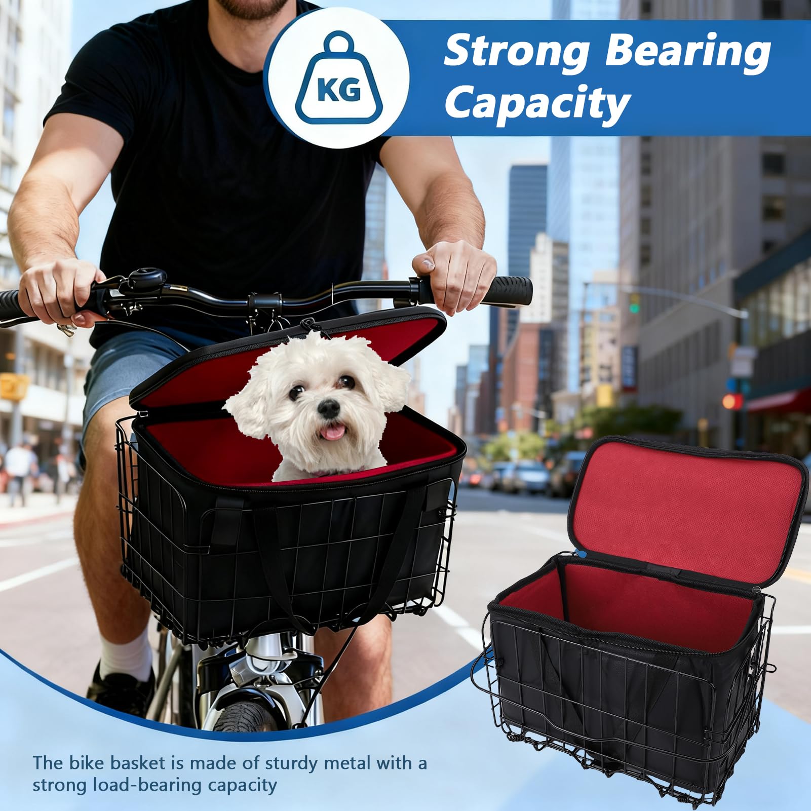 Kit cestino anteriore per bicicletta, a sgancio rapido, in metallo, staccabile, con borsa rimovibile per generi alimentari, animali domestici, biciclette