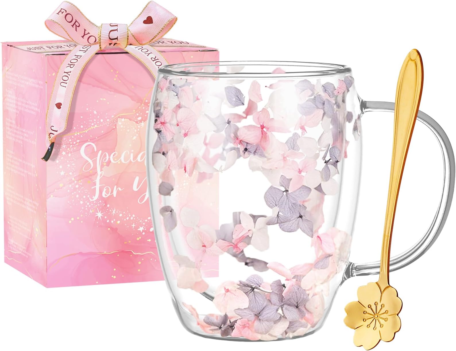 Arefen Gifts for Women Dried Flowers Double Wall Glass Coffee Mugs Cute Glass Tea Cups with Handles Christmas Birthday Gifts for Best Friend Teacher Mum Gifts Ideas Autumn Mug Home Decor(Grey+Pink)