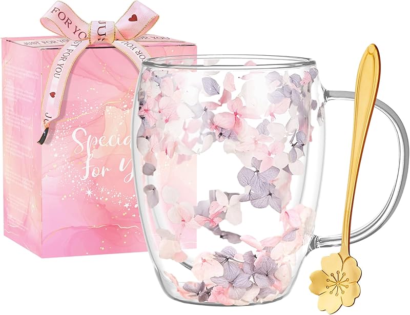 Cadeaux pour Femmes Tasse à Café en Verre à Double Paroi avec Fleurs Séchées Jolies Tasses à Thé avec Poignées Isolées Cadeaux de Noël et d'Anniversaire pour Votre Meilleure Amie Professeure Maman